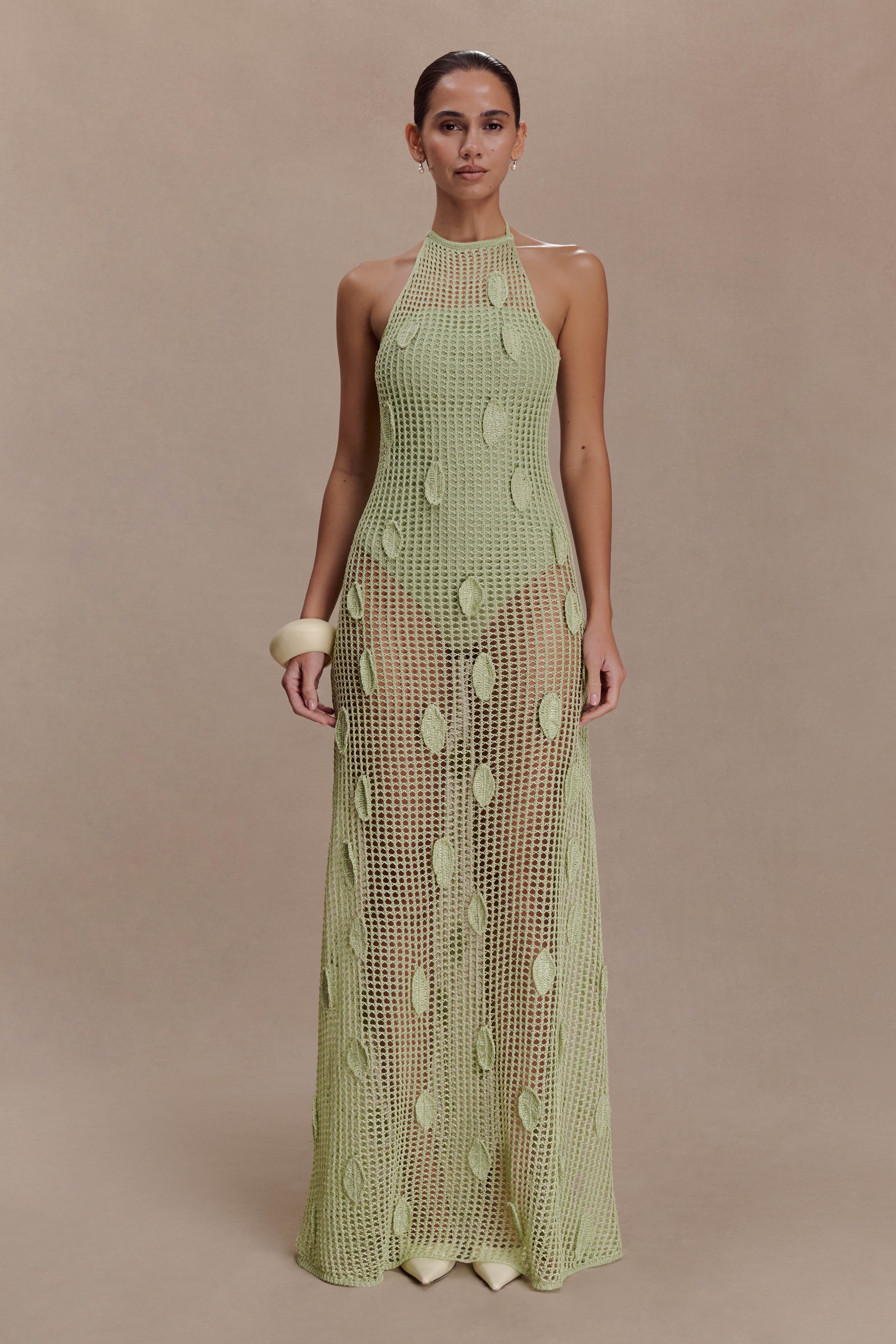 Elfie Crochet Halter Maxi Dress - Pastel Green