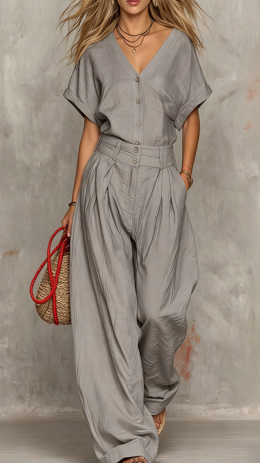 Women's Cotton-Blend Textured V-Neck Top & Wide-Leg Pants Set - Nordfashionstorm - Women's Clothing, Fashion for You - Nordfashionstorm.com