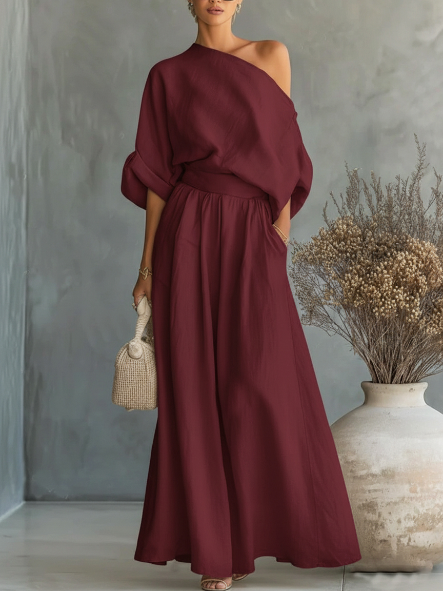 Women's Elegant Off-Shoulder Shirt and Wide-Leg Pants Two-Piece Set - Nordfashionstorm - Women's Clothing, Fashion for You - Nordfashionstorm.com
