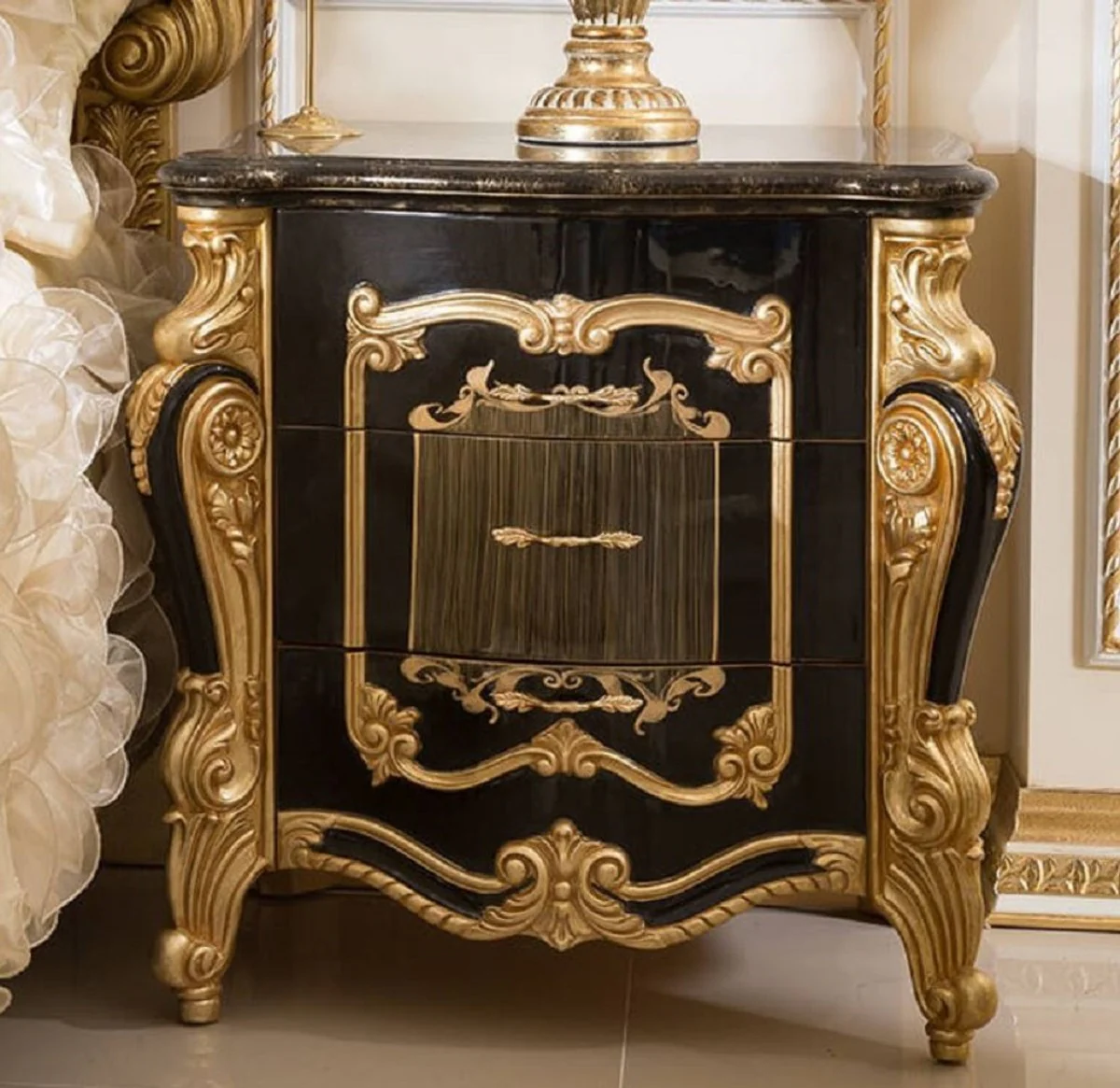 Luxury baroque night dresser with 3 drawers black / gold