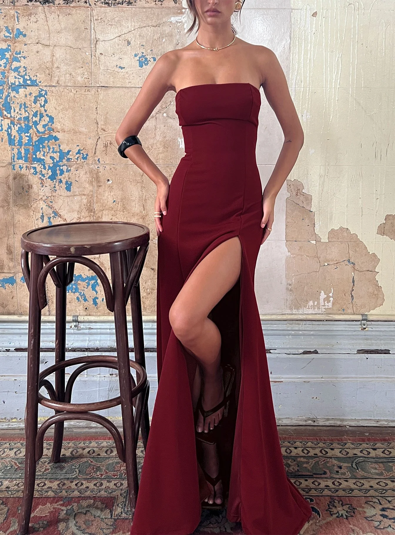 Diamanti Strapless High Slit Maxi Dress Burgundy
