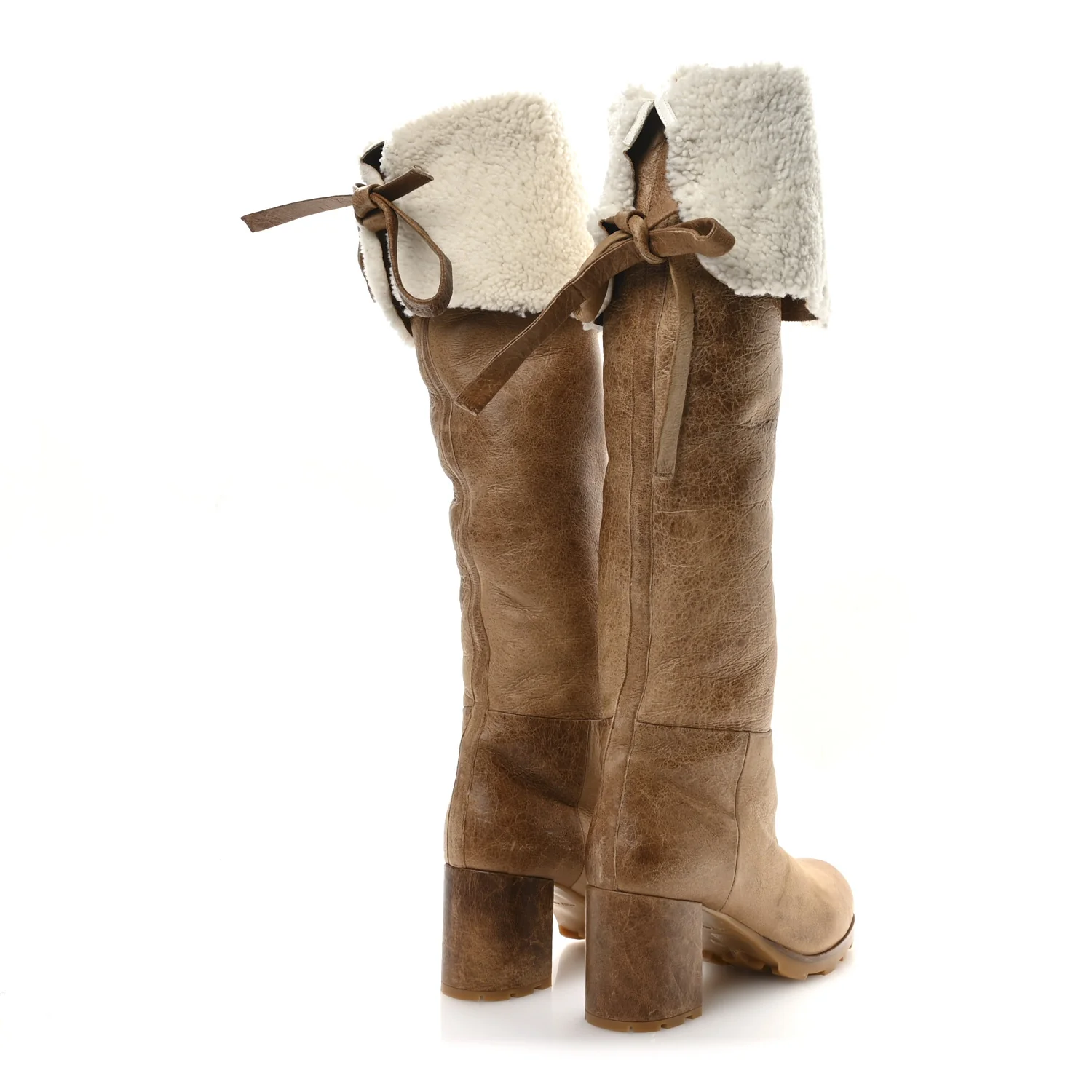 Shearling Calfskin Knee High Heel Boot 38.5 Brown - Top Club