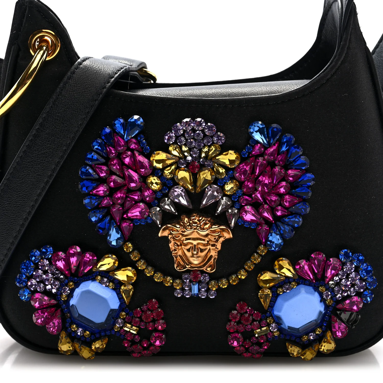 Satin Crystal Embellished La Medusa Mini Hobo Bag Black Multicolor - Top Club