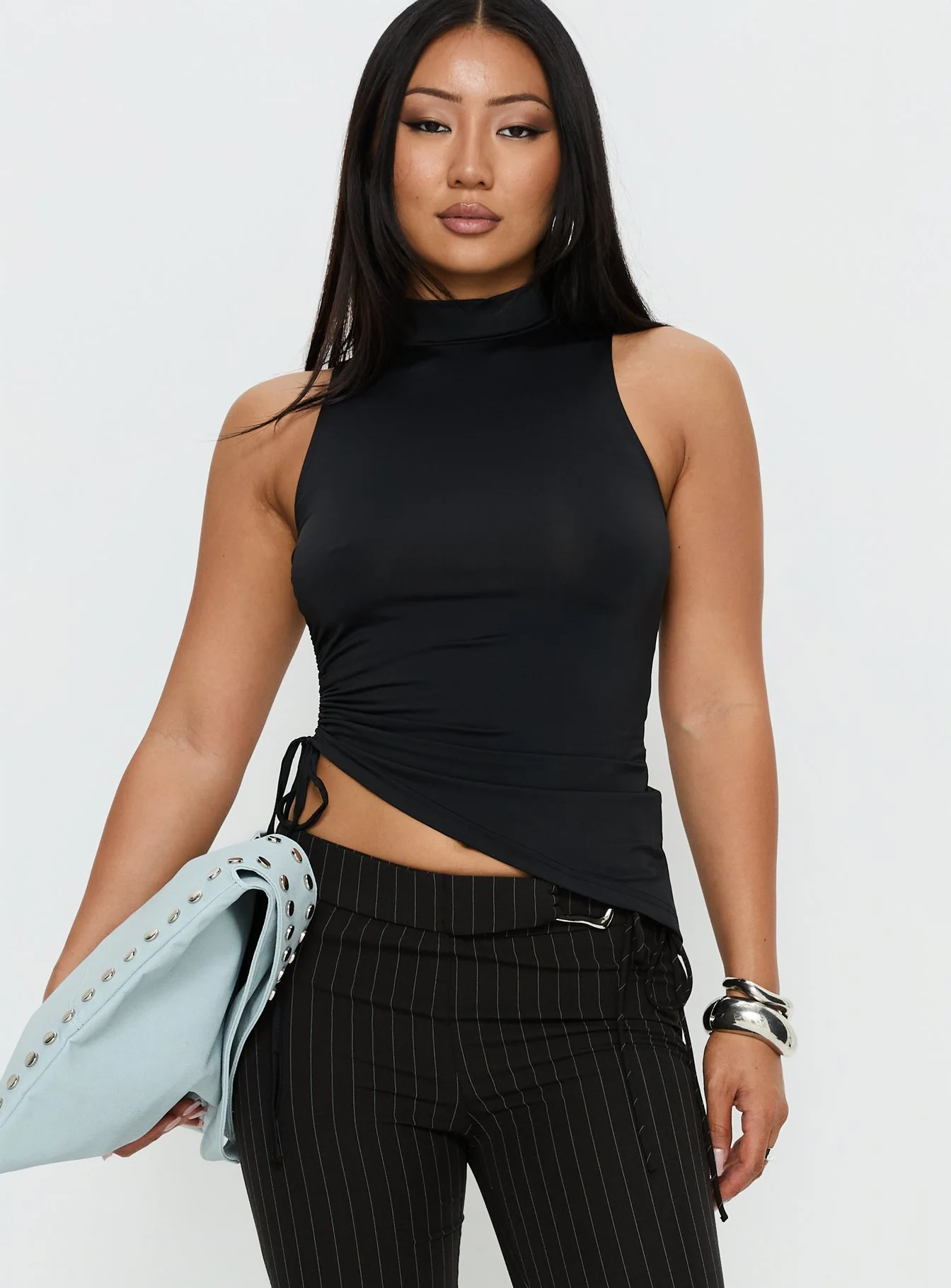 Saveria Tie Detail High Neck Top Black