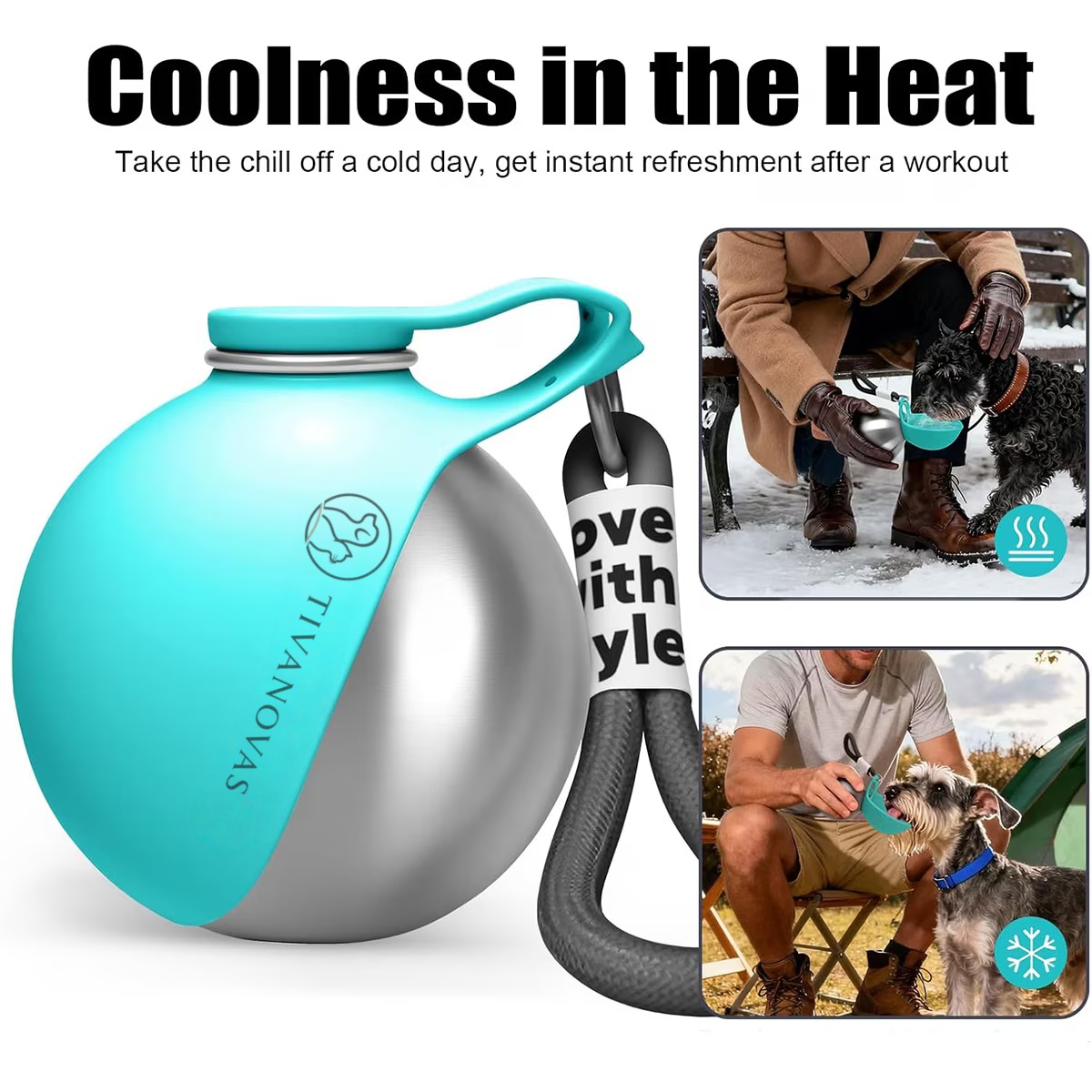Tivanova® 2-in-1 Portable Travel Stainless Steel Dog Water Bottle, Medium, Blue