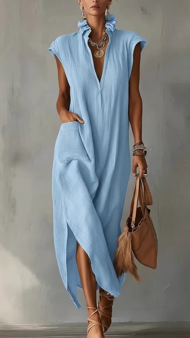 Women's Cotton-Linen Sleeveless Solid-Color Loose-Fit V-Neck Dress - Nordfashionstorm - Women's Clothing, Fashion for You - Nordfashionstorm.com