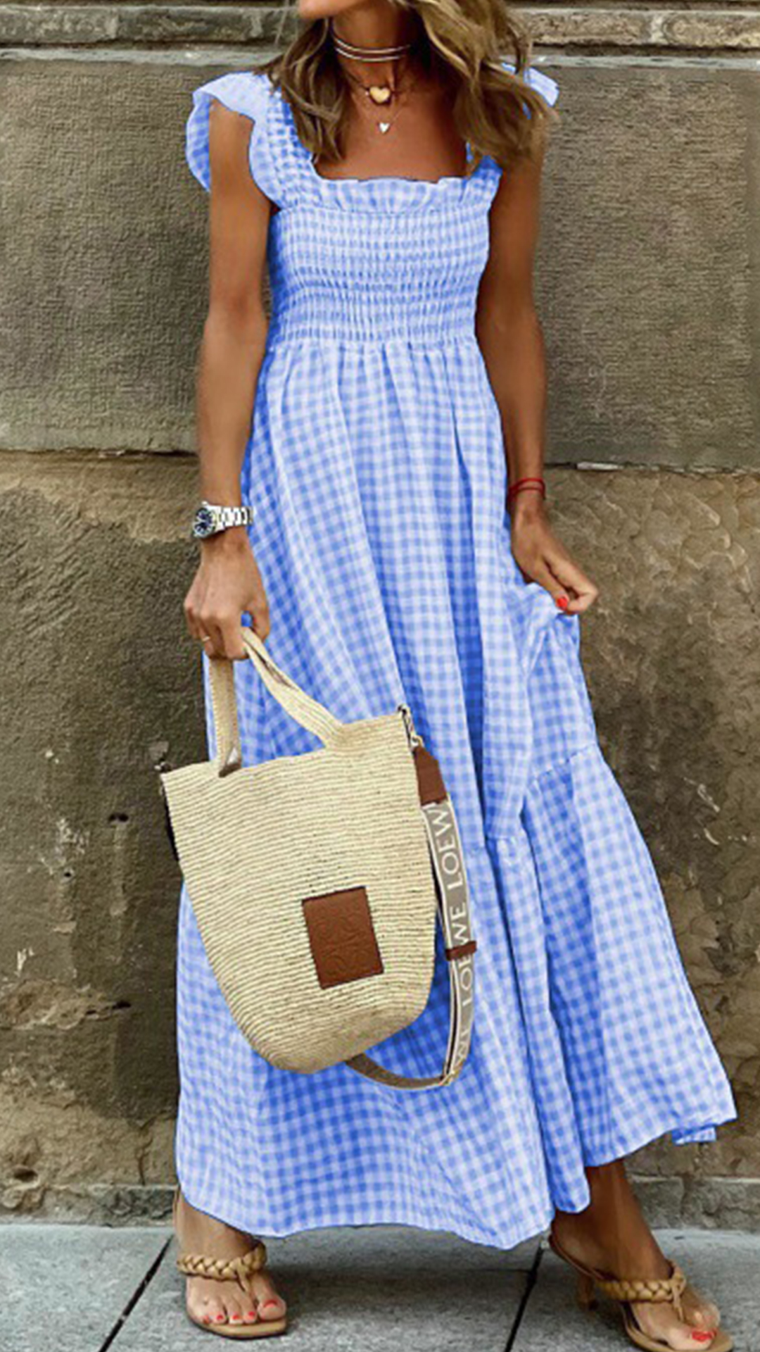 Women's  Beige Gingham Linen-Blend Maxi Dress - Nordfashionstorm - Women's Clothing, Fashion for You - Nordfashionstorm.com