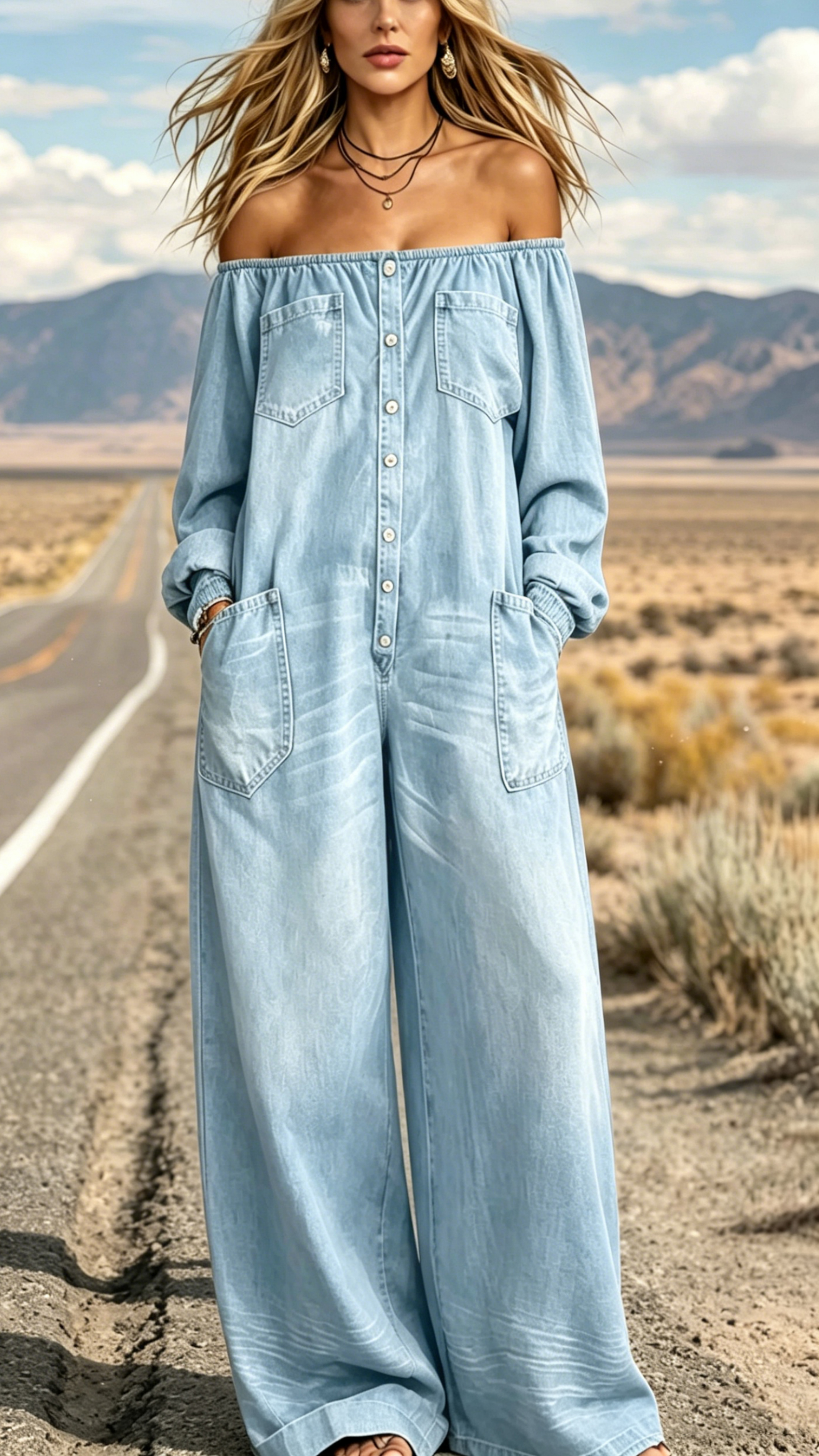 Women's Single-Breasted, Off-Shoulder, Washed Faux-Denim Jumpsuit - Nordfashionstorm - Women's Clothing, Fashion for You - Nordfashionstorm.com