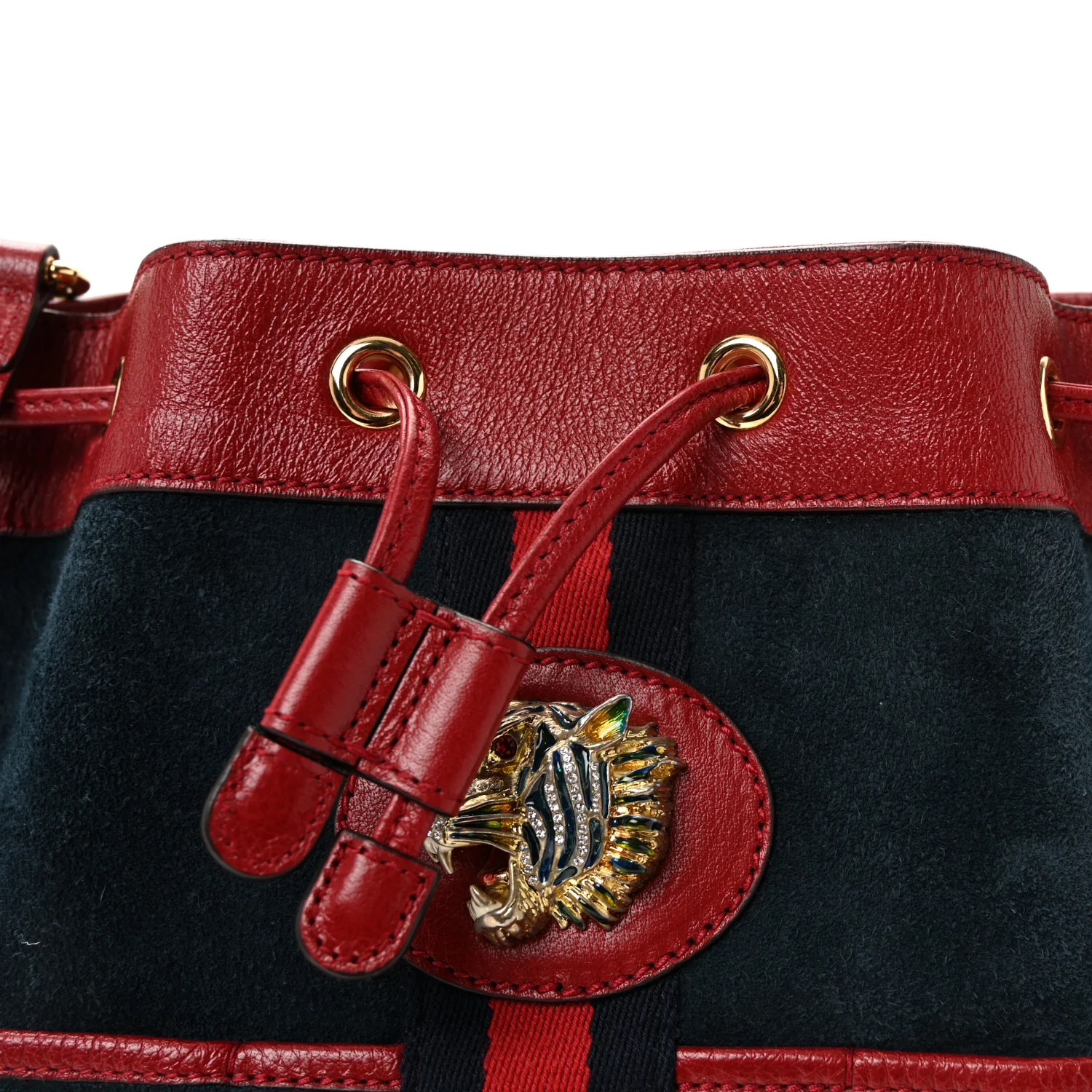 Suede Calfskin Web Medium Rajah Bucket Bag New Blue Romantic Cherry - Top Club