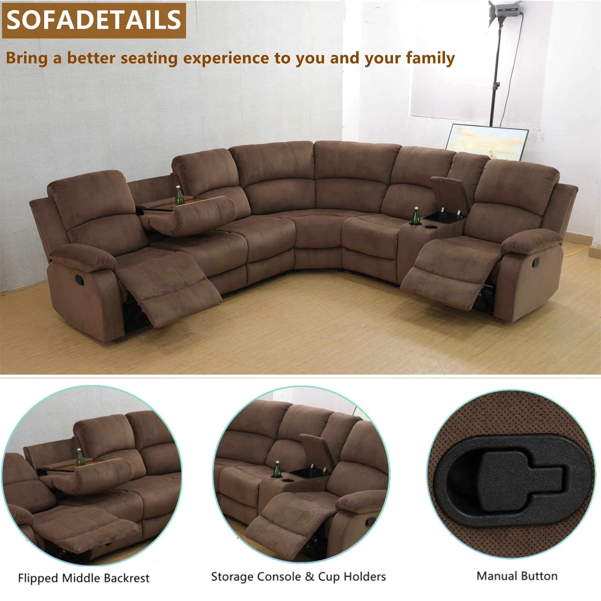 Aukfa 3 - Piece Recliner Sofa Set, 6 Seat Sectional Couch with Cup Holders&Storage Console, Gray