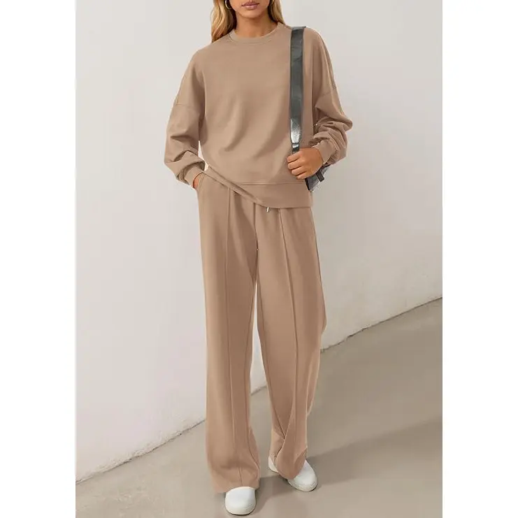 PrettyGarden 2 Piece Sets For Women Fall Trendy Long Sleeve Sweatshirt Wide Leg Pants Loungewear Set Matching Sweatsuit High Quality Homewear, Cozy&Comfy Travel Outfit,Minimalist Premium Womenswear