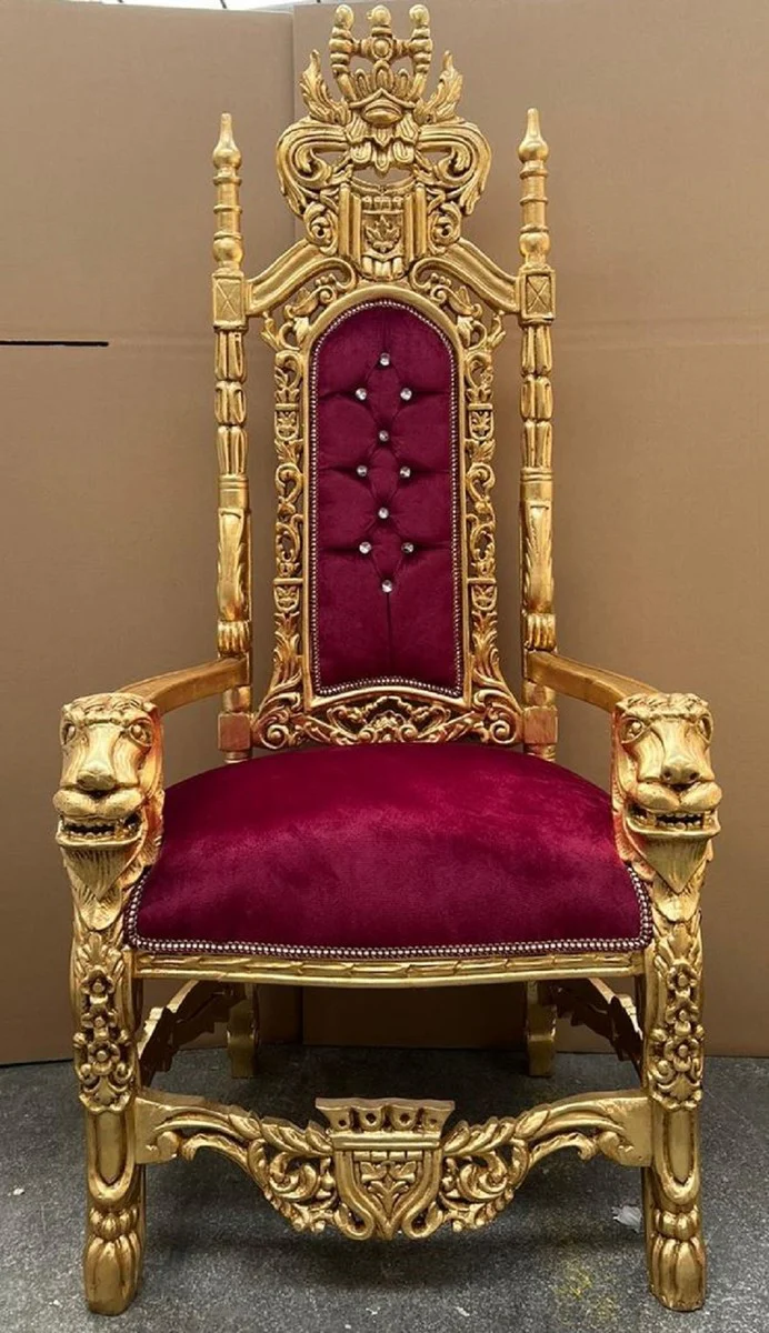 Baroque throne armchair burgundy red / gold - magnificent baroque style royal armchair with glittering stones and elegant velvet fabric - baroque style wedding armchair - baroque giant armchair - baroque furniture