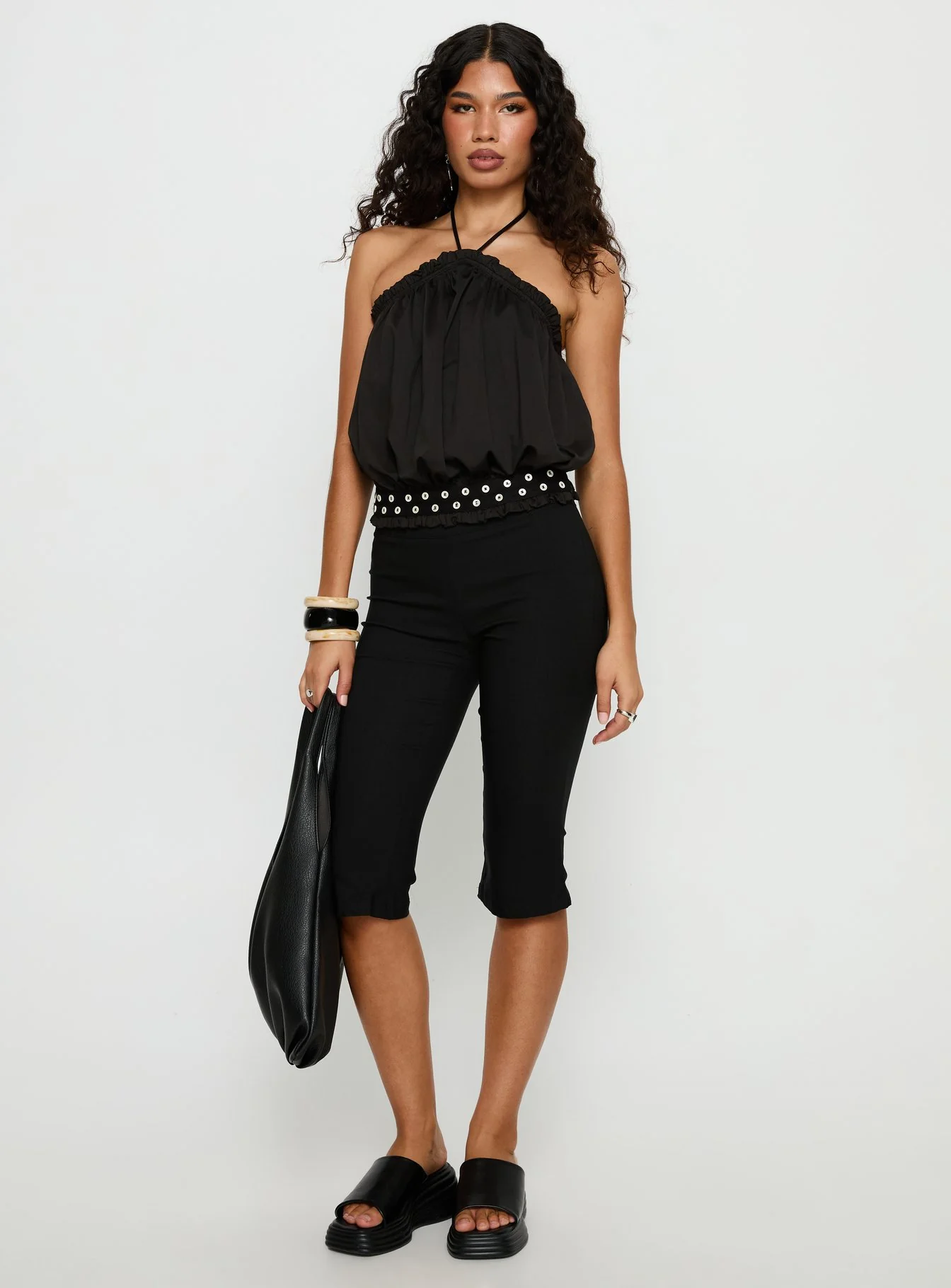 Mikki Tie Neck Button Detail Top Black