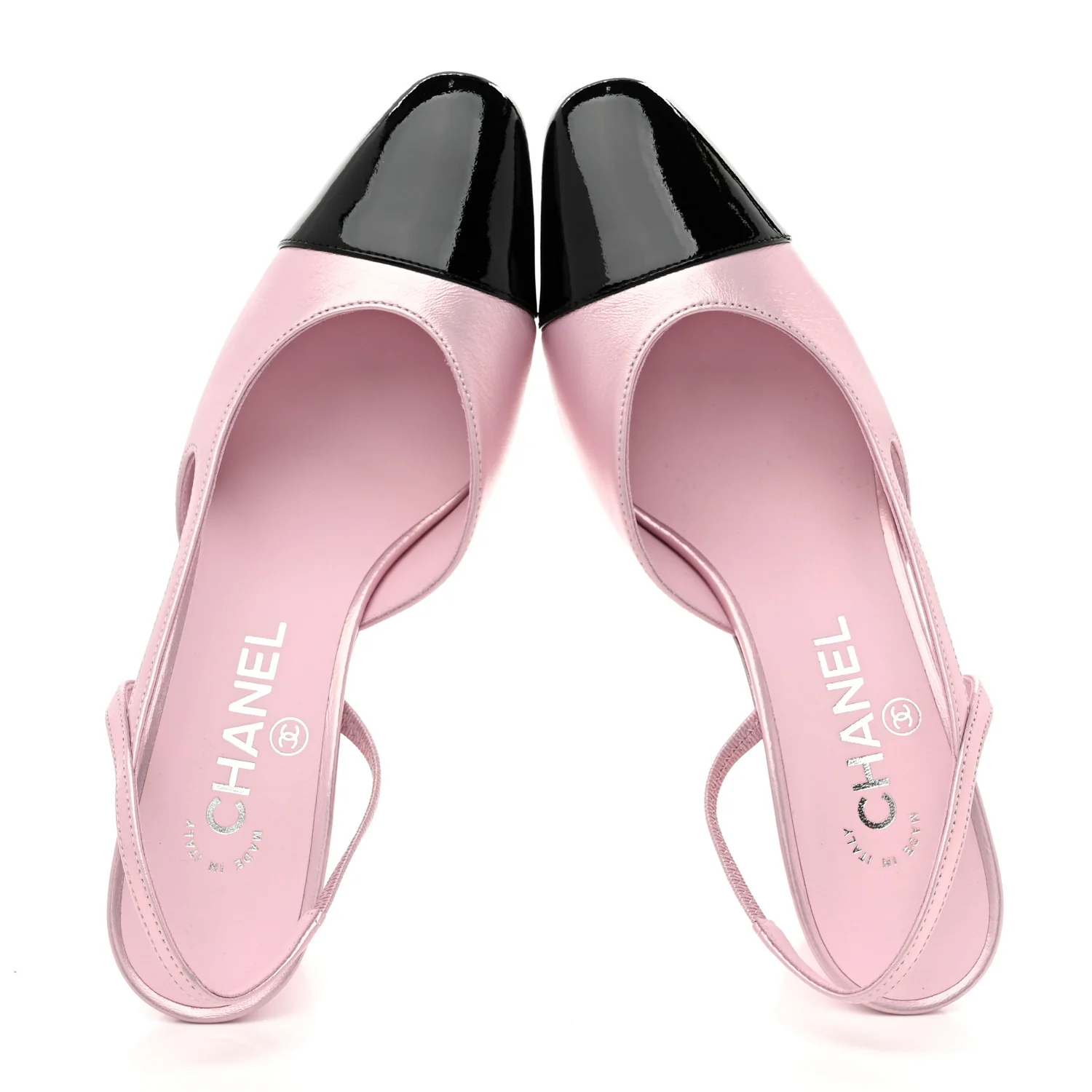 Laminated Lambskin Patent Cap Toe CC Slingback Pumps 37 Light Pink Black - Top Club