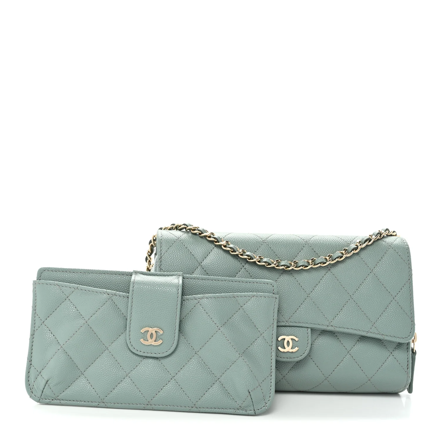Caviar Quilted Phone Holder Wallet on Removable Chain Light Blue - Top Club