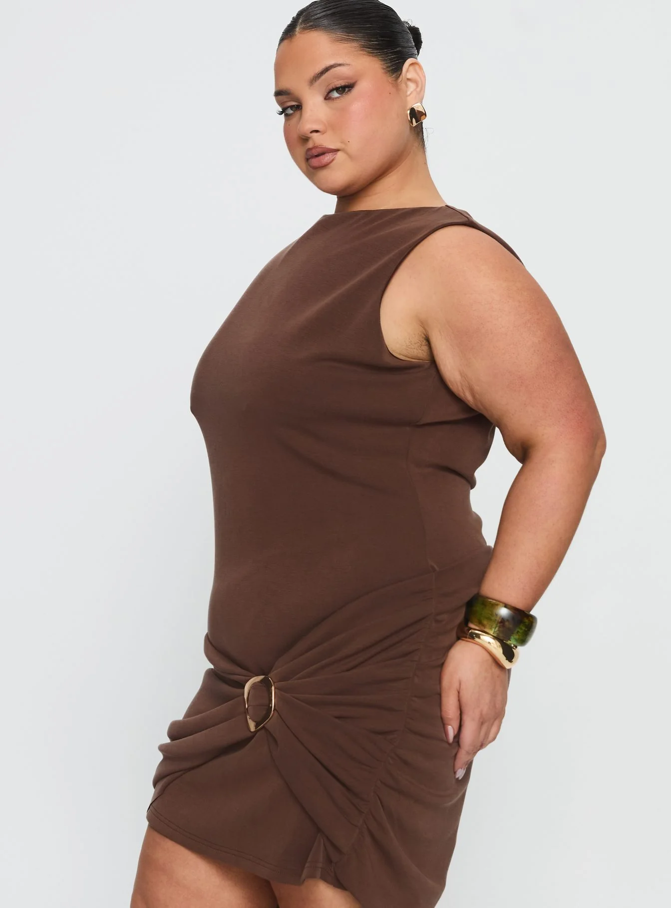 Kharla Ruched Hardware Mini Dress Brown Curve