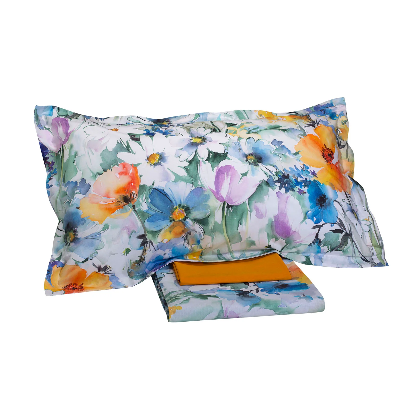 Completo Lenzuola In Percalle Acquerello Di Fiori Matrimoniale