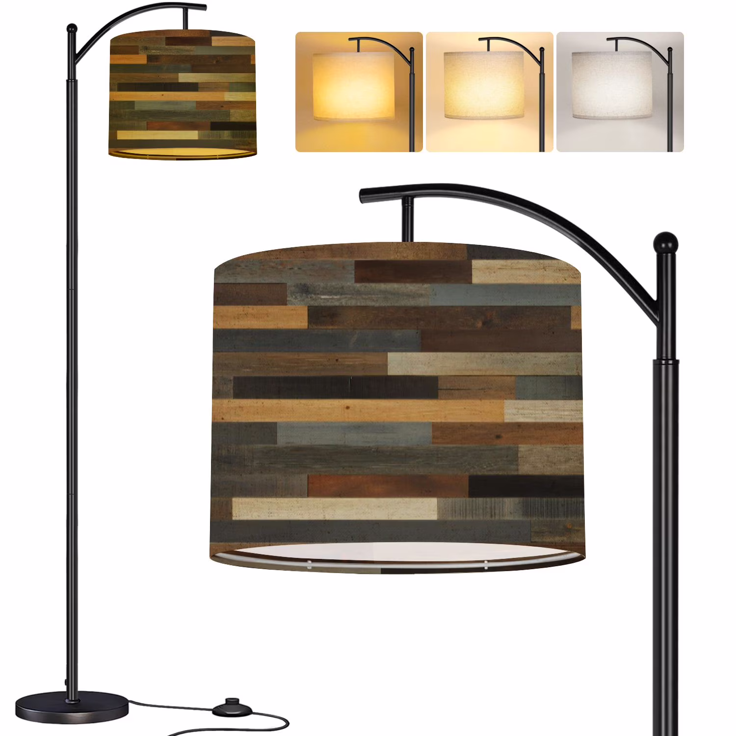 Arc Floor Lamp Reclaimed Wood Plank Neutral Wooden Planks Grain Details Varying Tones Tall Modern Standing Lamp LED Adjustable Linen Lampshade 3 Color Temperatures