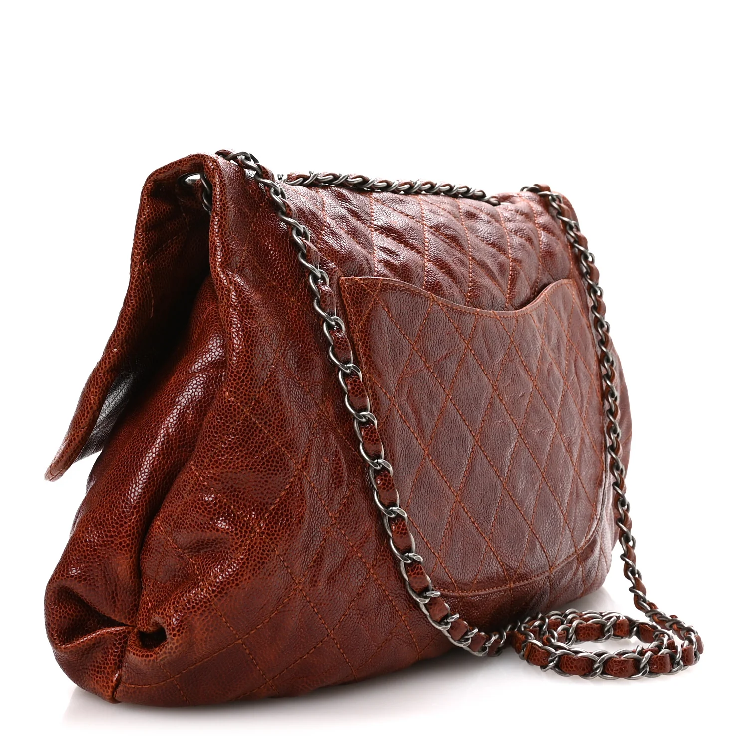 Crumpled Caviar Quilted Maxi Elastic Flap Light Brown - Top Club