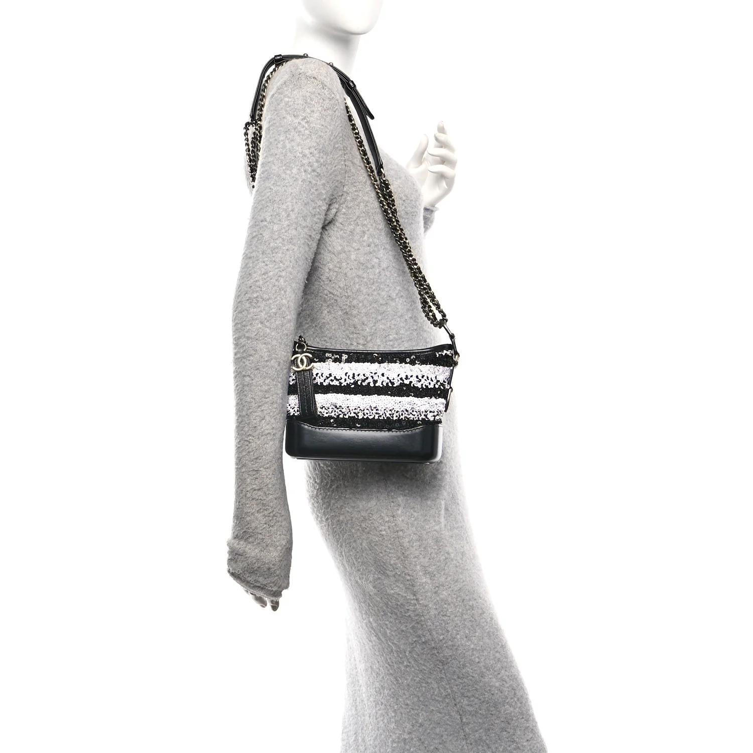 Sequin Calfskin Small Gabrielle Hobo Black White
