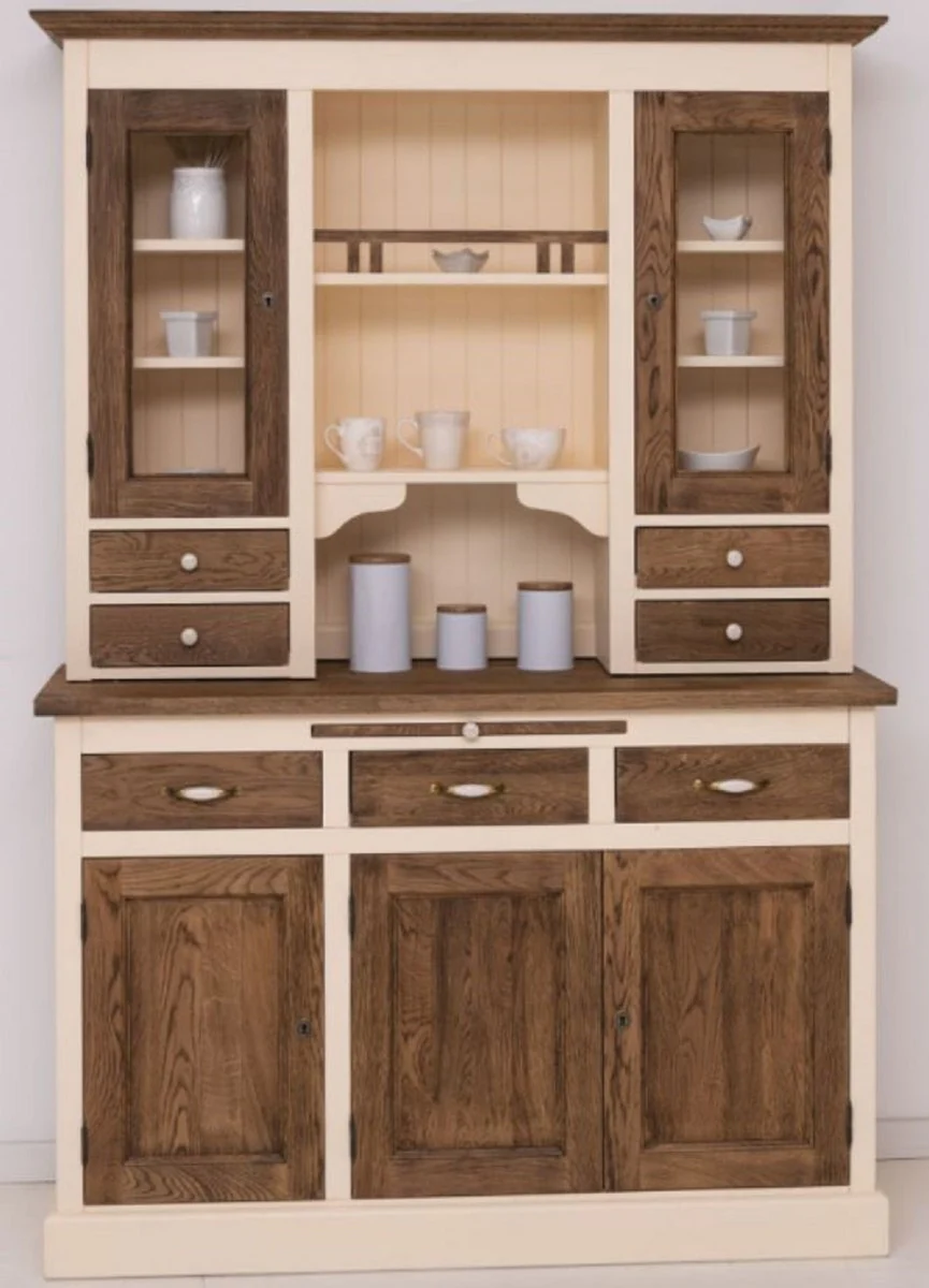 Country house style dining room cabinet cream / dark brown 137 x 50 x H. 197 cm - solid wood kitchen cabinet - dining room furniture in country house style - country house style dining room furnishings