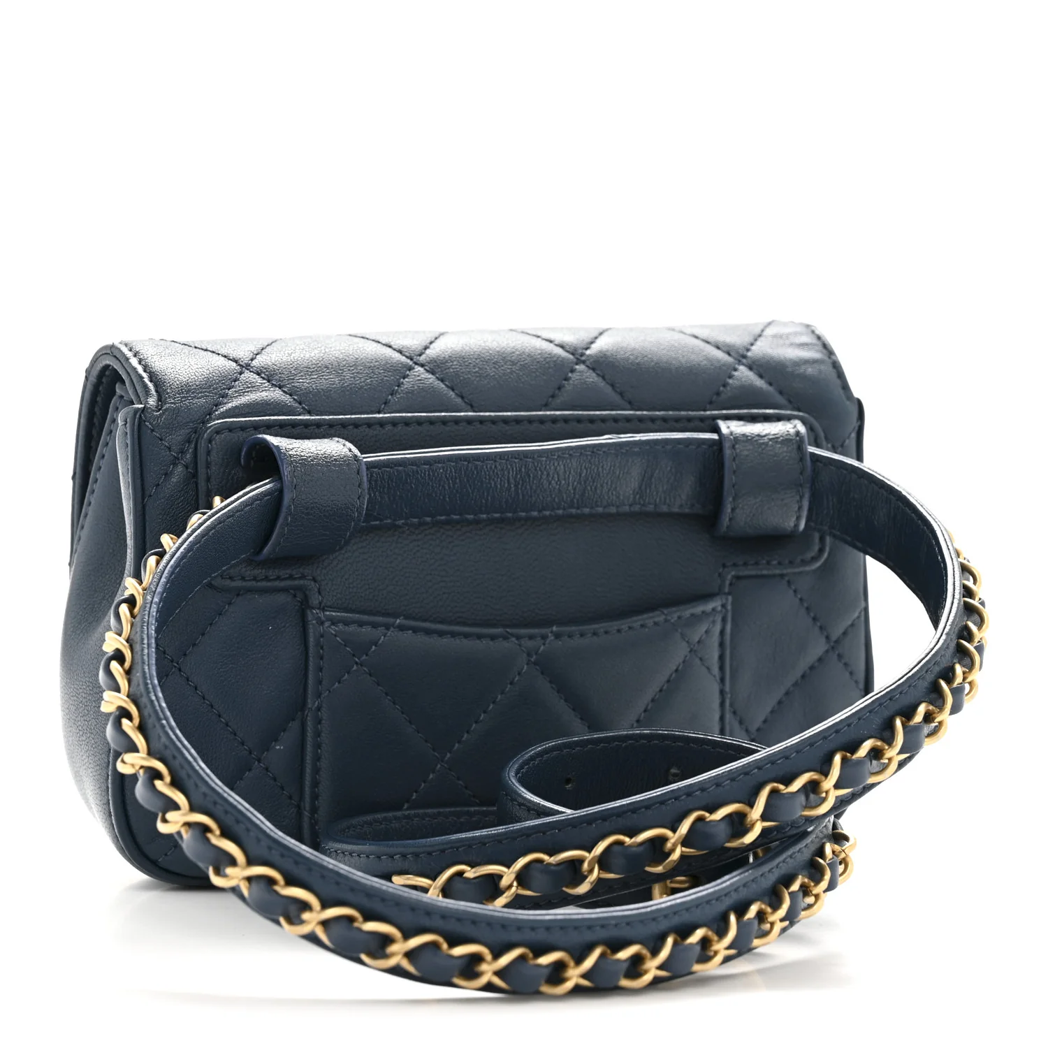 Lambskin Quilted Chain Infinity Waist Belt Bag Blue - Top Club
