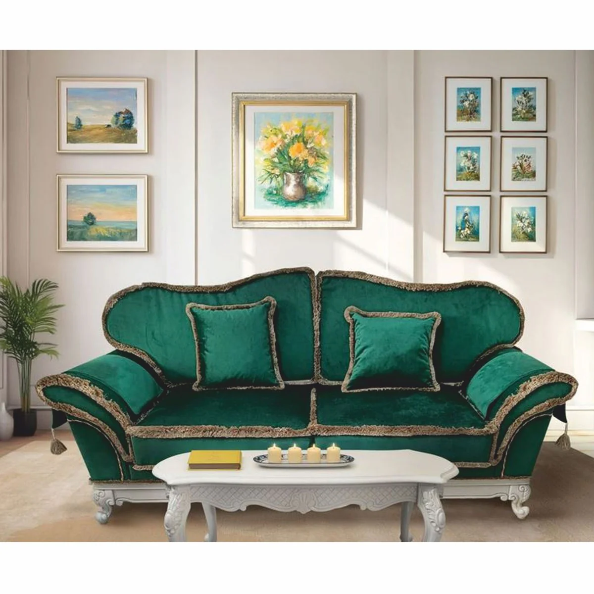 Luxury Baroque Velvet Sofa Green / White 210 cm - Baroque style living room furniture