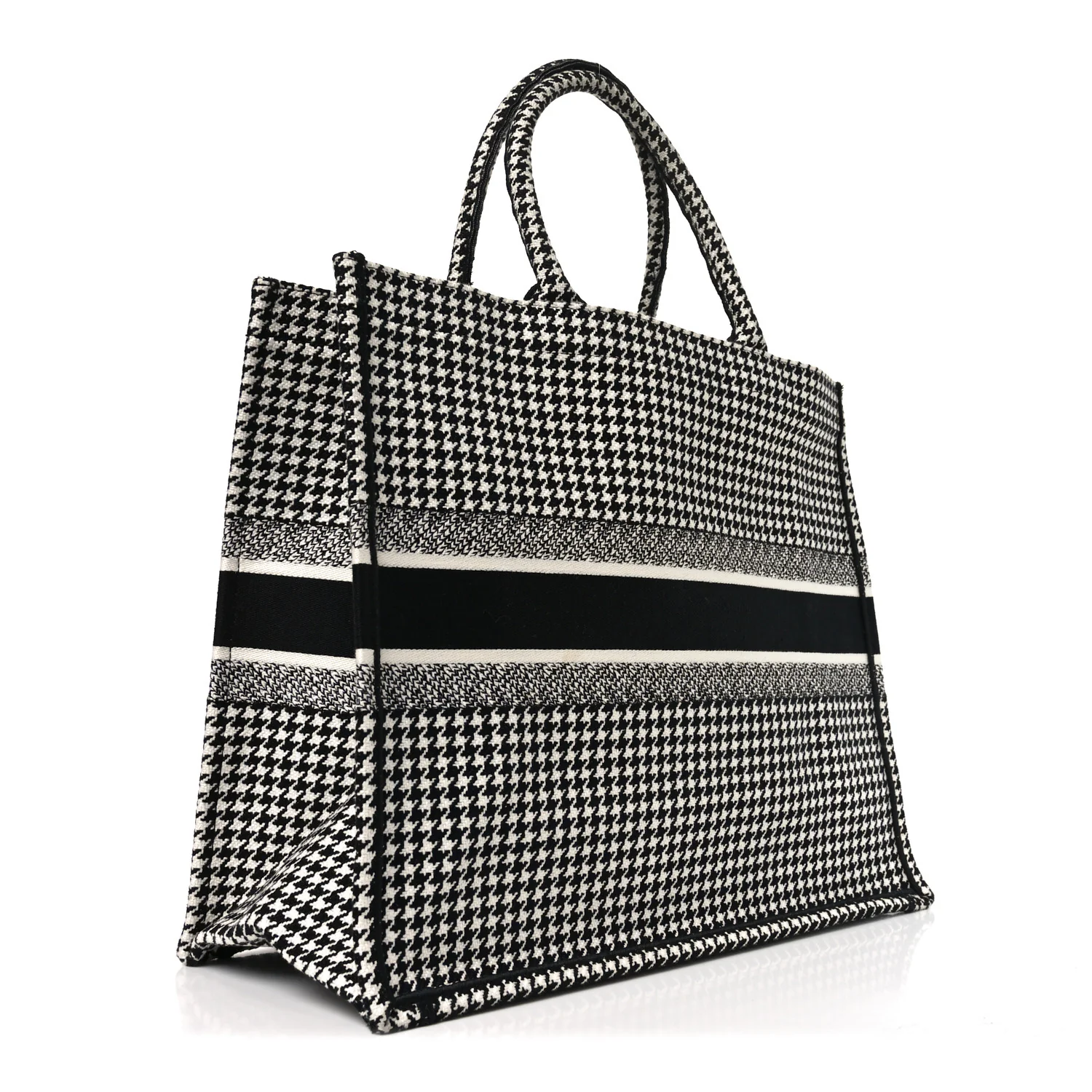 Canvas Houndstooth Embroidered Book Tote Black White - Top Club