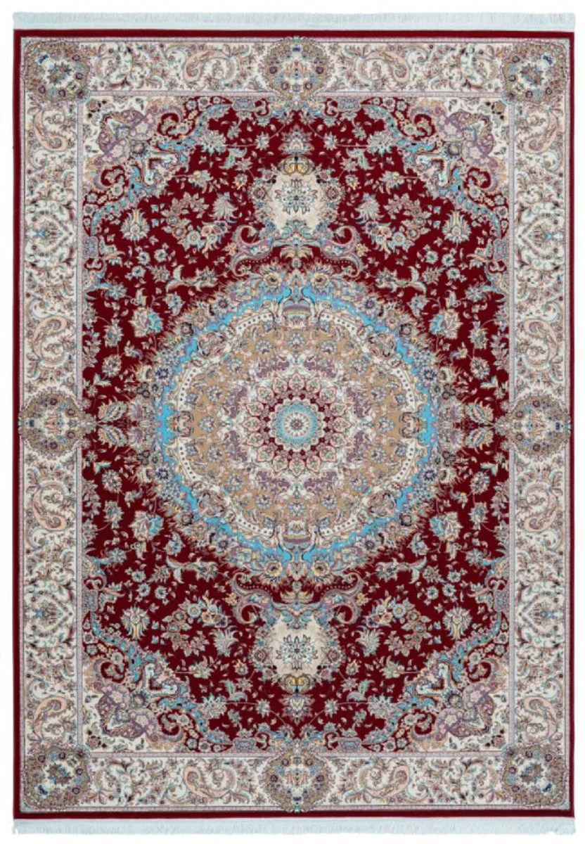 Luxury synthetic fiber rug with fringes red / cream / turquoise - various sizes - rectangular living room rug in oriental style