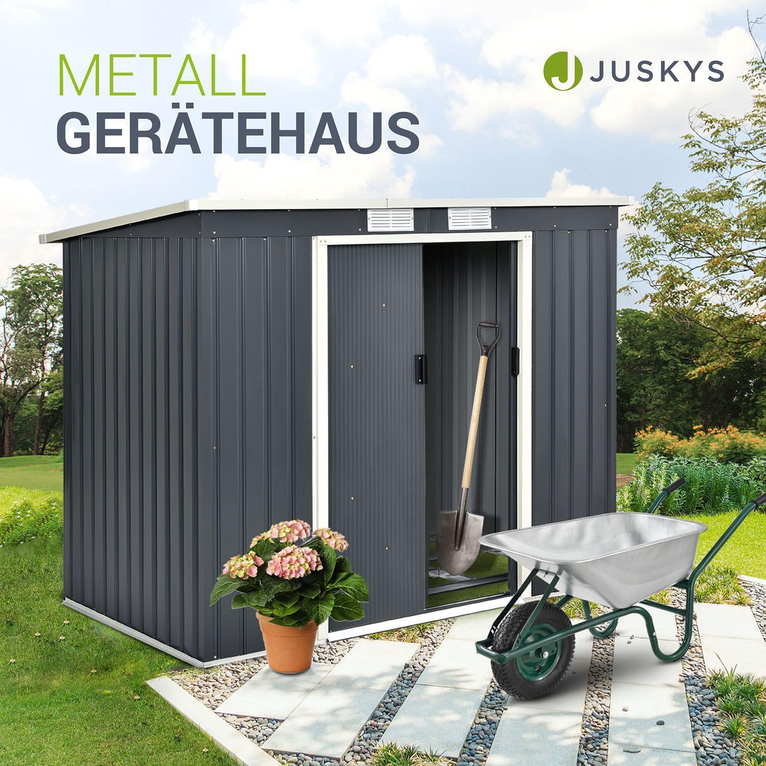 Juskys Casetta per attrezzi in metallo M 4 m³ con tetto a uno spiovente, porta scorrevole e fondamenta - 213 × 130 × 173 cm - antracite - Capanno per attrezzi in acciaio Casetta da giardino