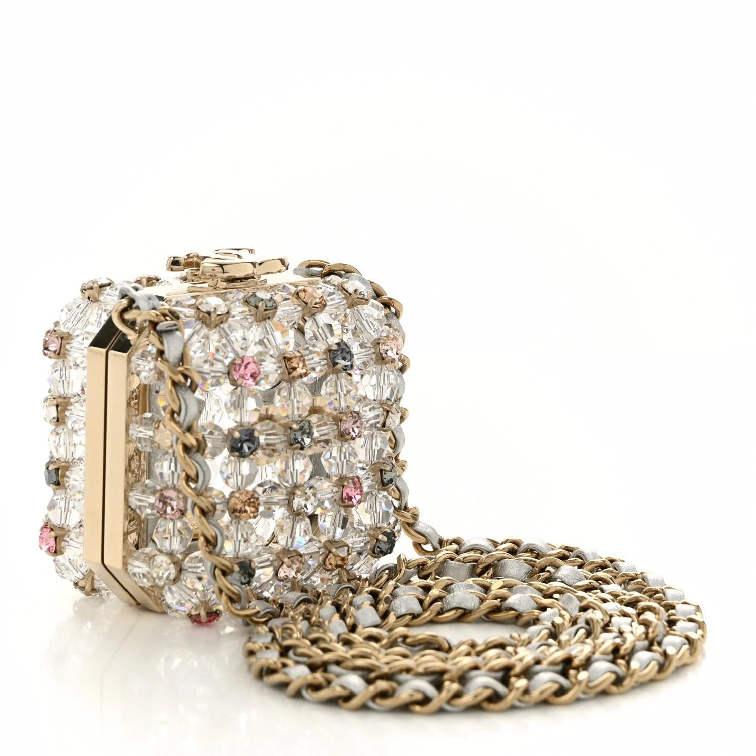 Metal Bead Crystal Minaudiere CC Mini Evening Bag Gold Multicolor - Top Club