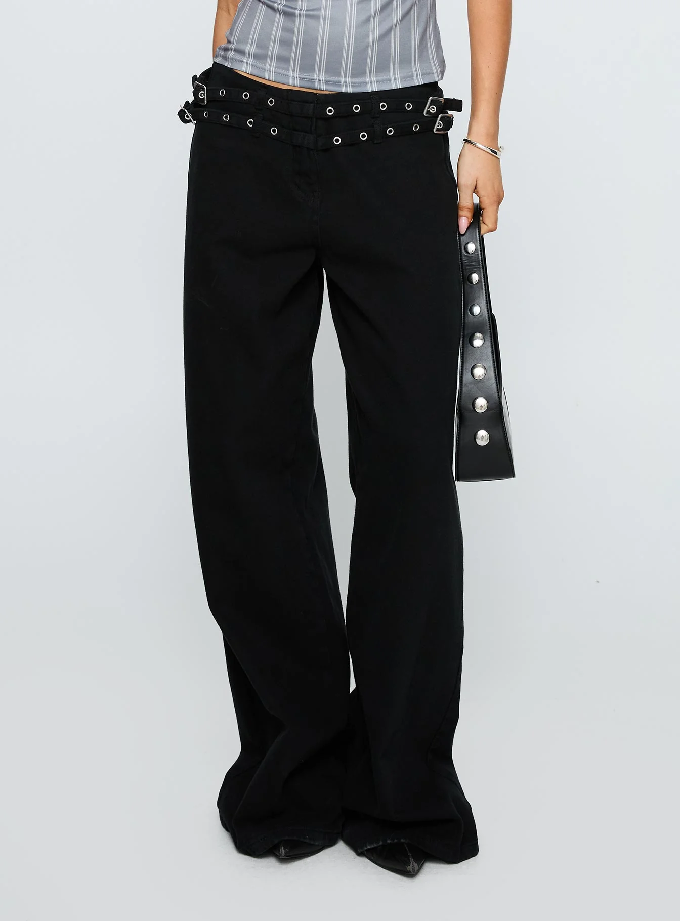 Baccarat Mid Rise Wide Leg Belted Jeans Black