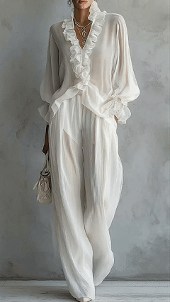 Women's Polyester Spandex Blend Ruffle Wide-Leg Set - Nordfashionstorm - Women's Clothing, Fashion for You - Nordfashionstorm.com