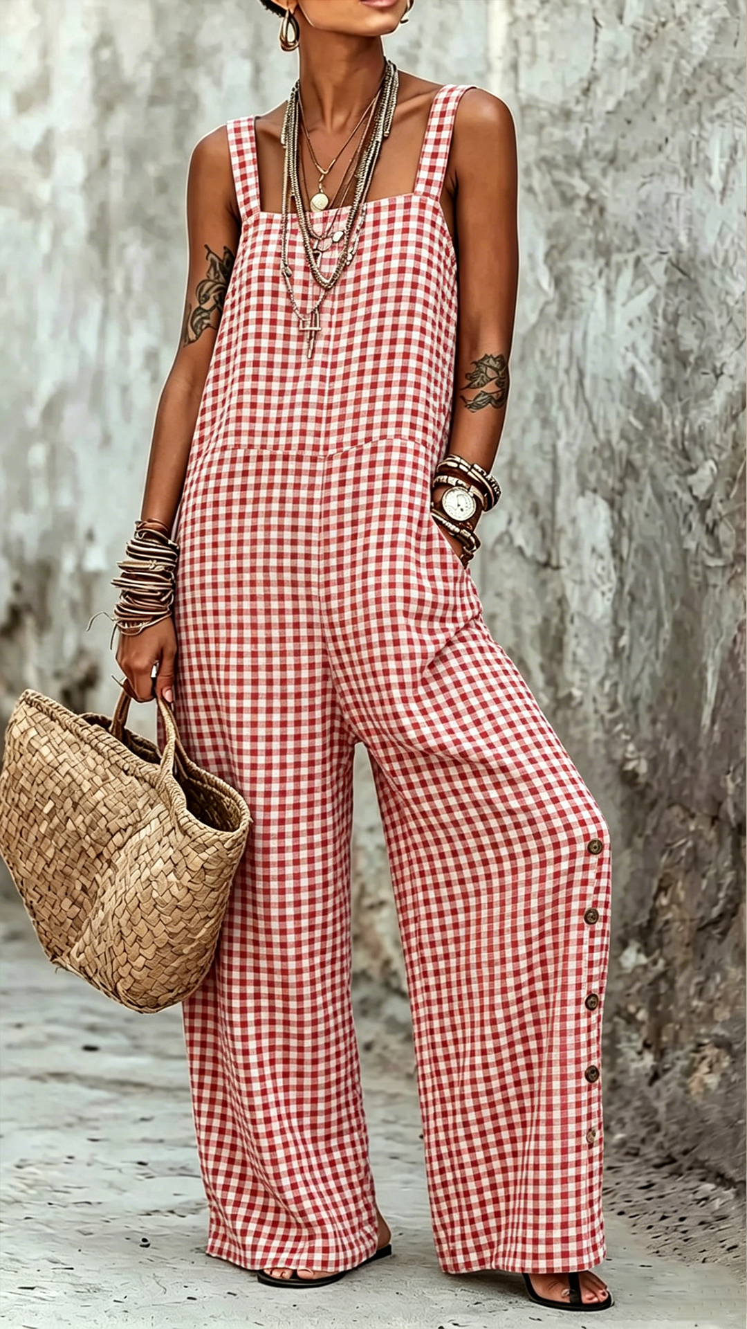 Women's Cotton-Blend Gingham Sleeveless Wide-Leg Jumpsuit - Nordfashionstorm - Women's Clothing, Fashion for You - Nordfashionstorm.com