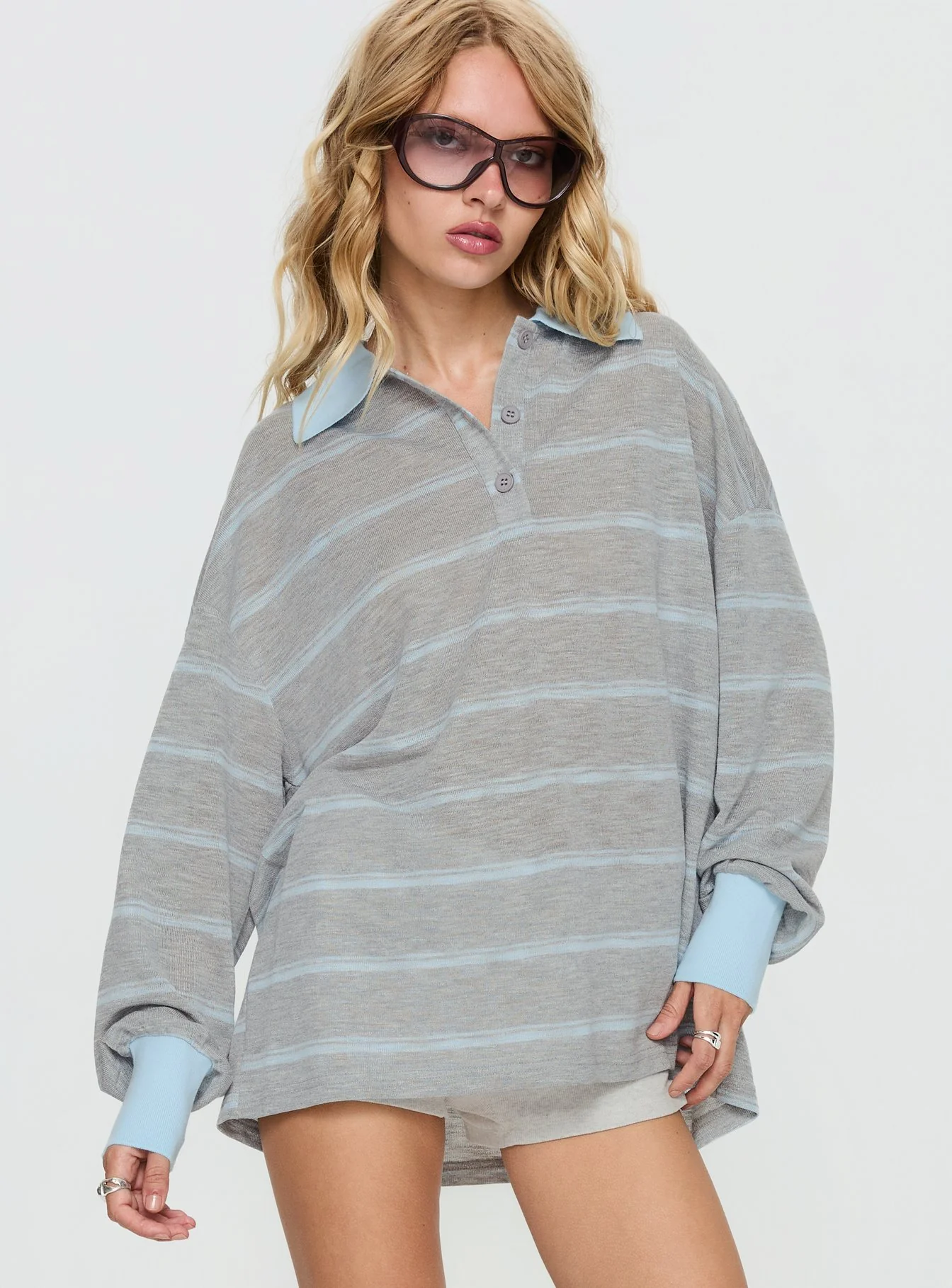 Aleka Long Sleeve Rugby Jersey Grey / Blue Stripe