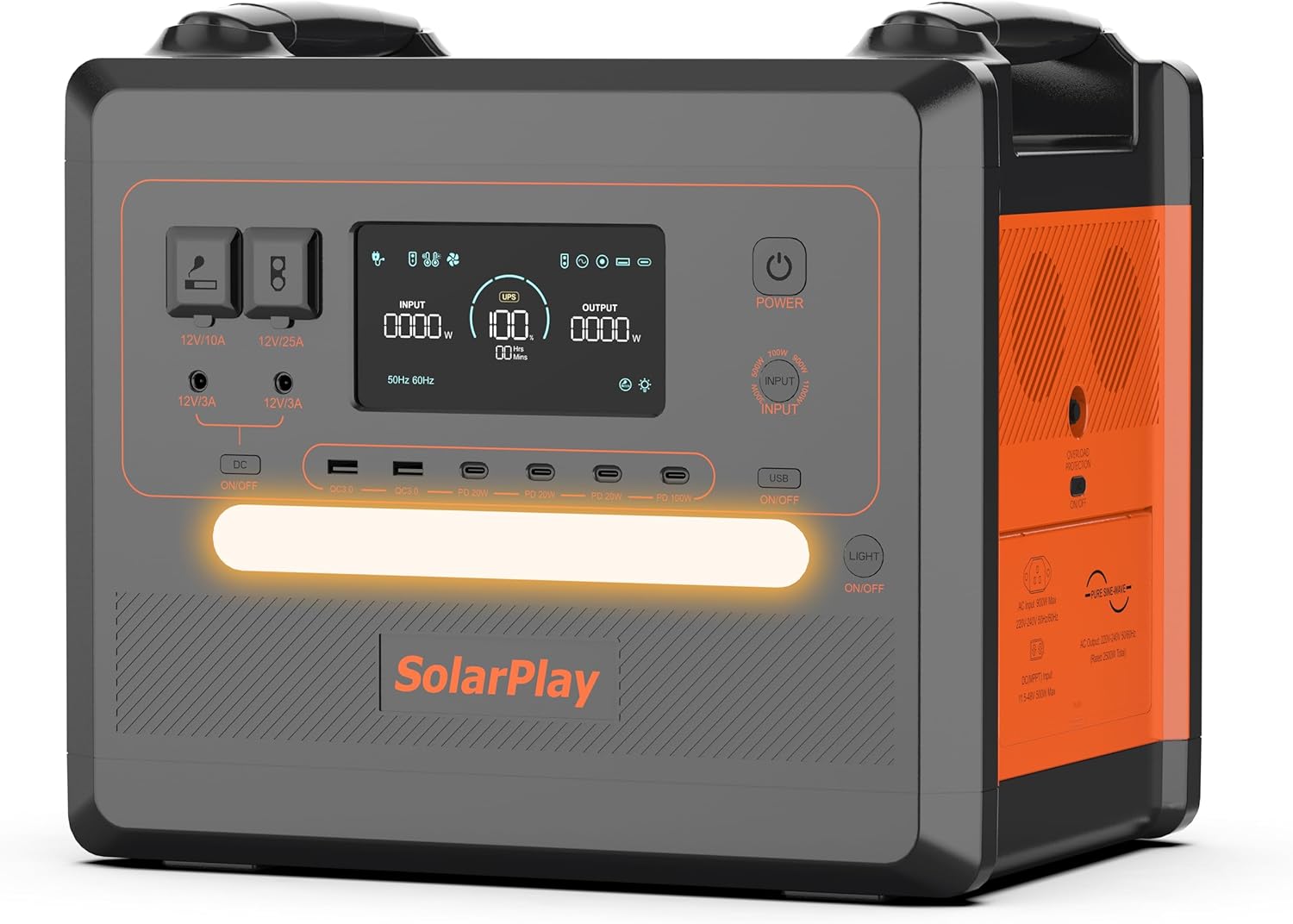 SOLARPLAY Centrale Elettrica Portatile Q2402M, 2300Wh LiFePO4 Batteria, 2500W (5000W Picco) AC Uscita, per Camping Car, Strada, Emergenza Elettricità per Campeggio, Fuori Rete,Generatore Solare