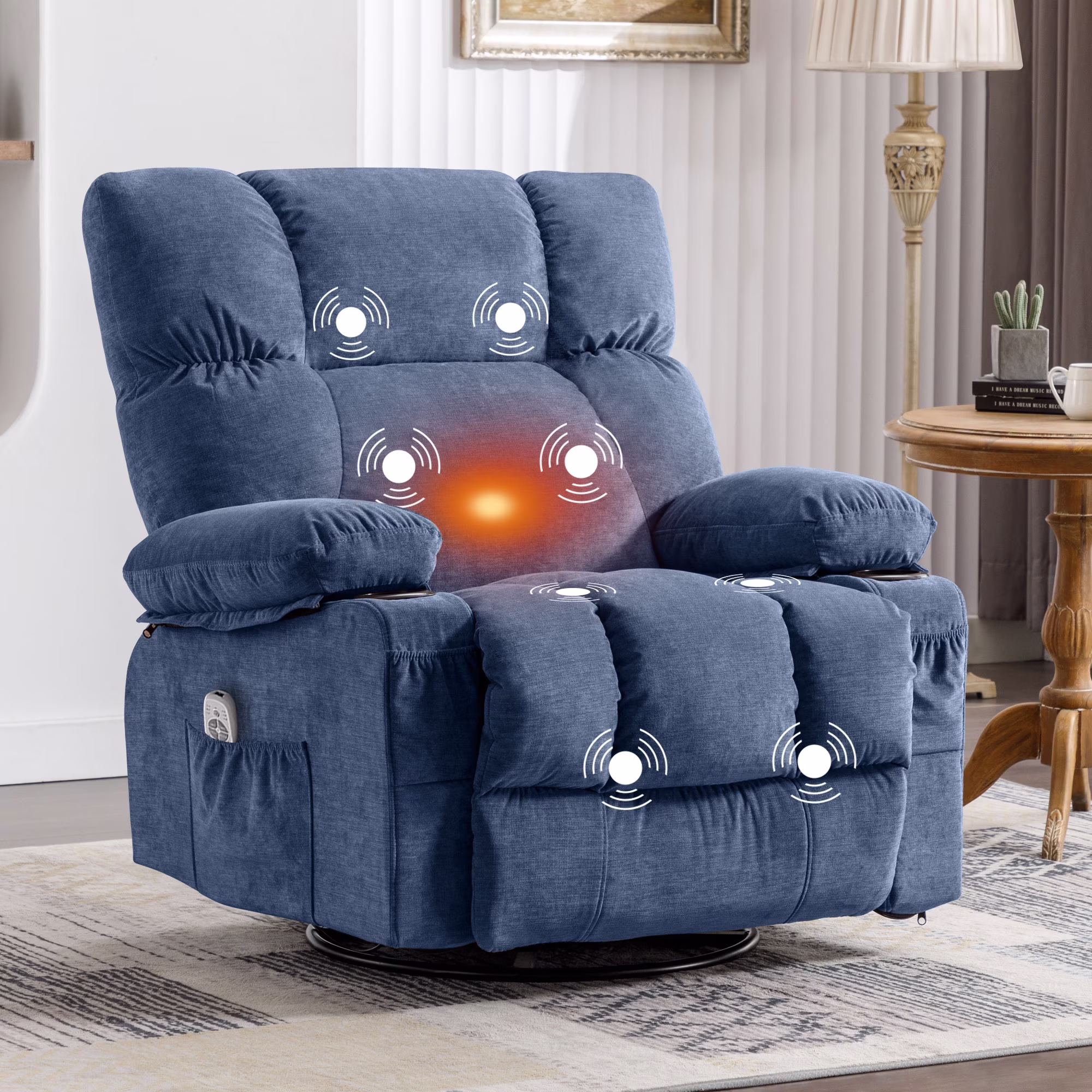 JONPONY Manual Recliner Chair with Heat Therapy and Massage Function, Heavy Duty Reclining Mechanism Massage Chair, Elderly Single Rocker Sofa with Cup Holders for Bedroom Home Theater, Grey
