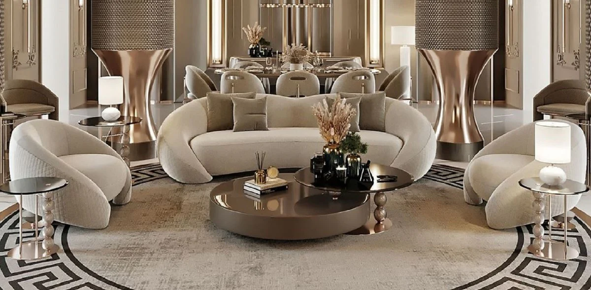 Luxury living room set light gray / copper / black - 2 luxury sofas & 2 luxury armchairs & 1 luxury coffee table & 2 luxury side tables - living room furniture - luxury furniture