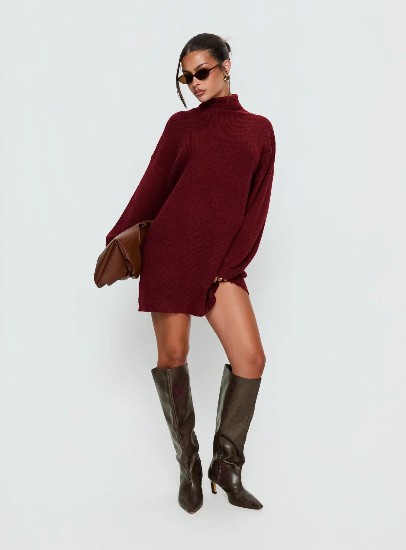 Coleena Long Sleeve Knit Mini Dress Burgundy
