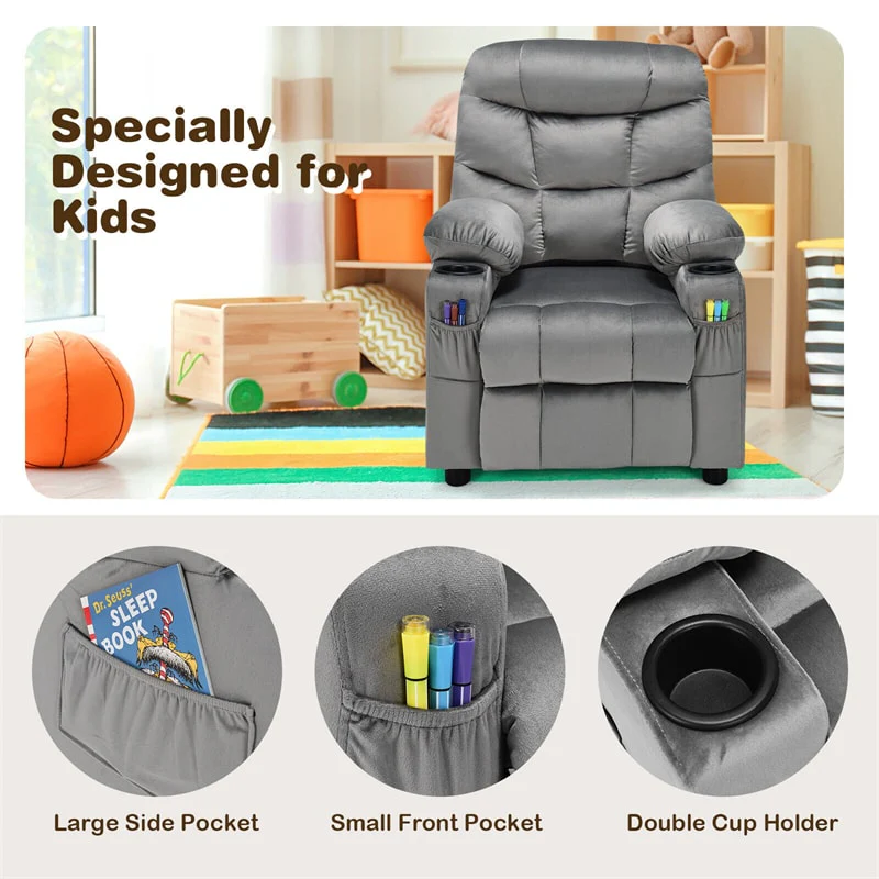 Kids Recliner Chair Adjustable Velvet Lounge Sofa with Cup Holders, 3 Pockets, Retractable Footrest, Toddler Furniture Sofa for Boys Girls Room