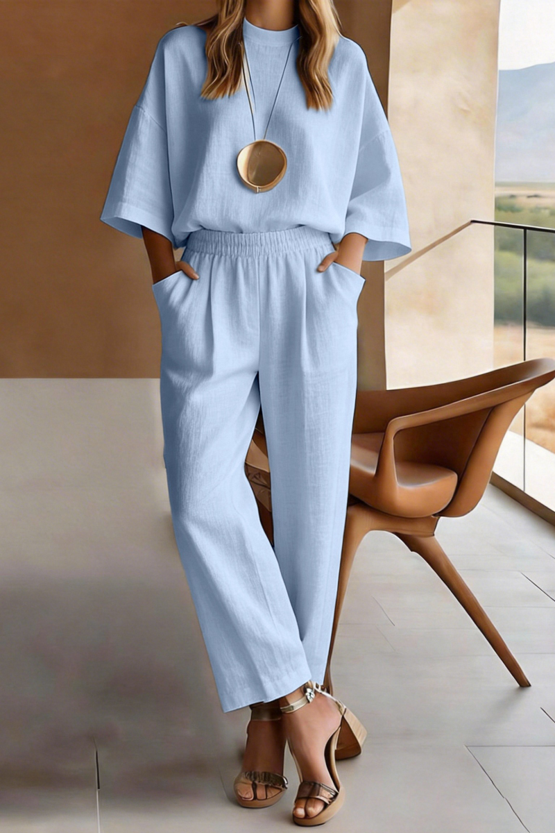 Plus Size Friendly Women's Round Neck Solid Color Casual Seven Sleeve Set - Nordfashionstorm - Women's Clothing, Fashion for You - Nordfashionstorm.com