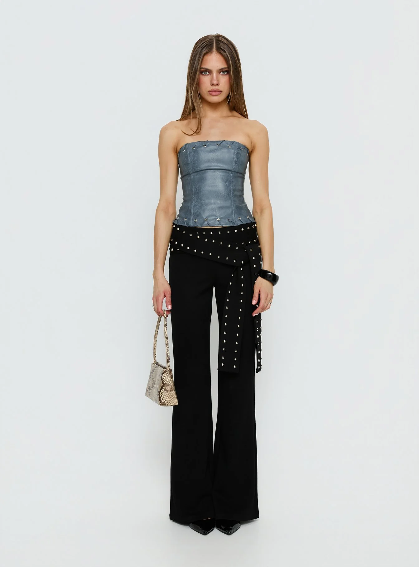 Pammie Faux Leather Strapless Top Blue