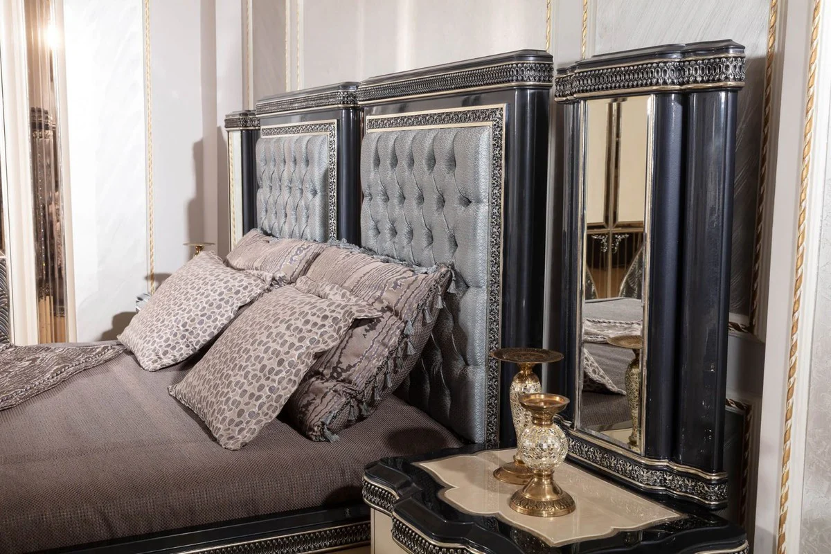 Luxury Baroque Bedroom Set Light Blue / Beige / Black / Gold - 1 Baroque Double Bed with Headboard & 2 Baroque Nightstands - Luxury Bedroom Furniture in Baroque Style - Baroque Interior