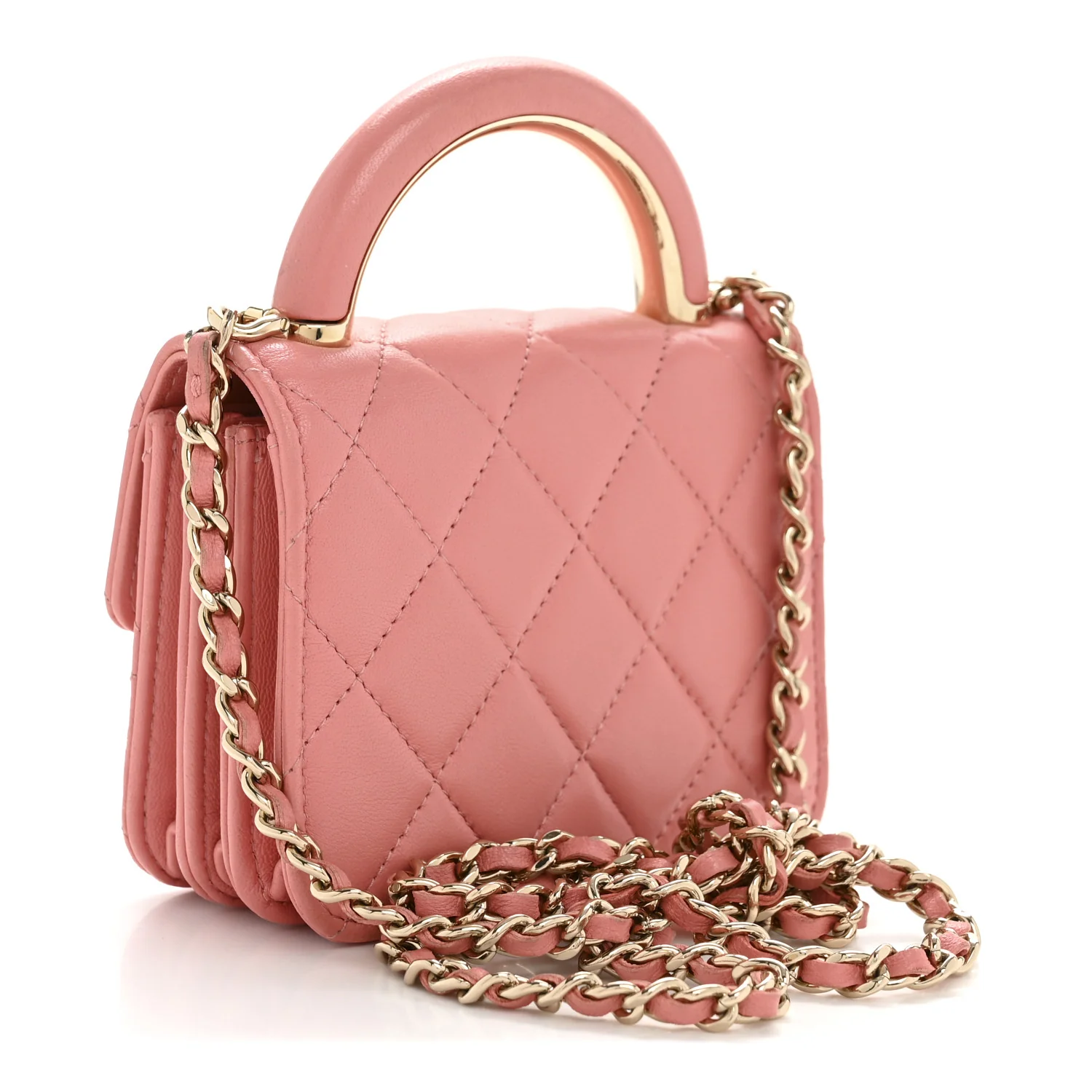 Lambskin Quilted Top Handle Flap Clutch With Chain Pink - Top Club