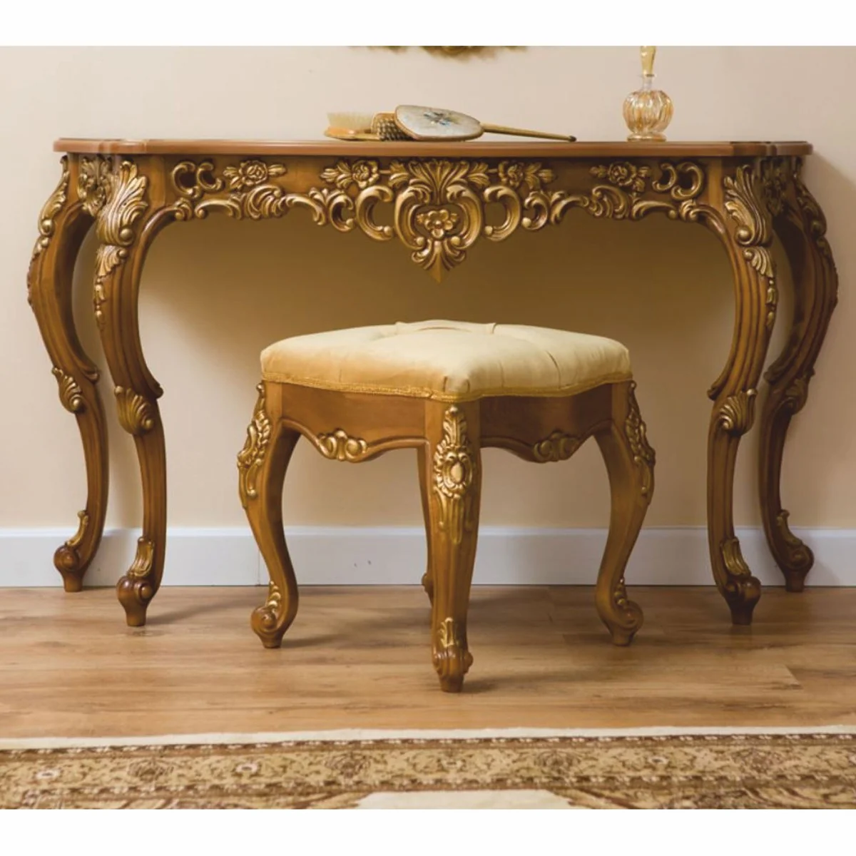 Luxury Baroque console with wall mirror and stool brown / gold - Baroque furniture
