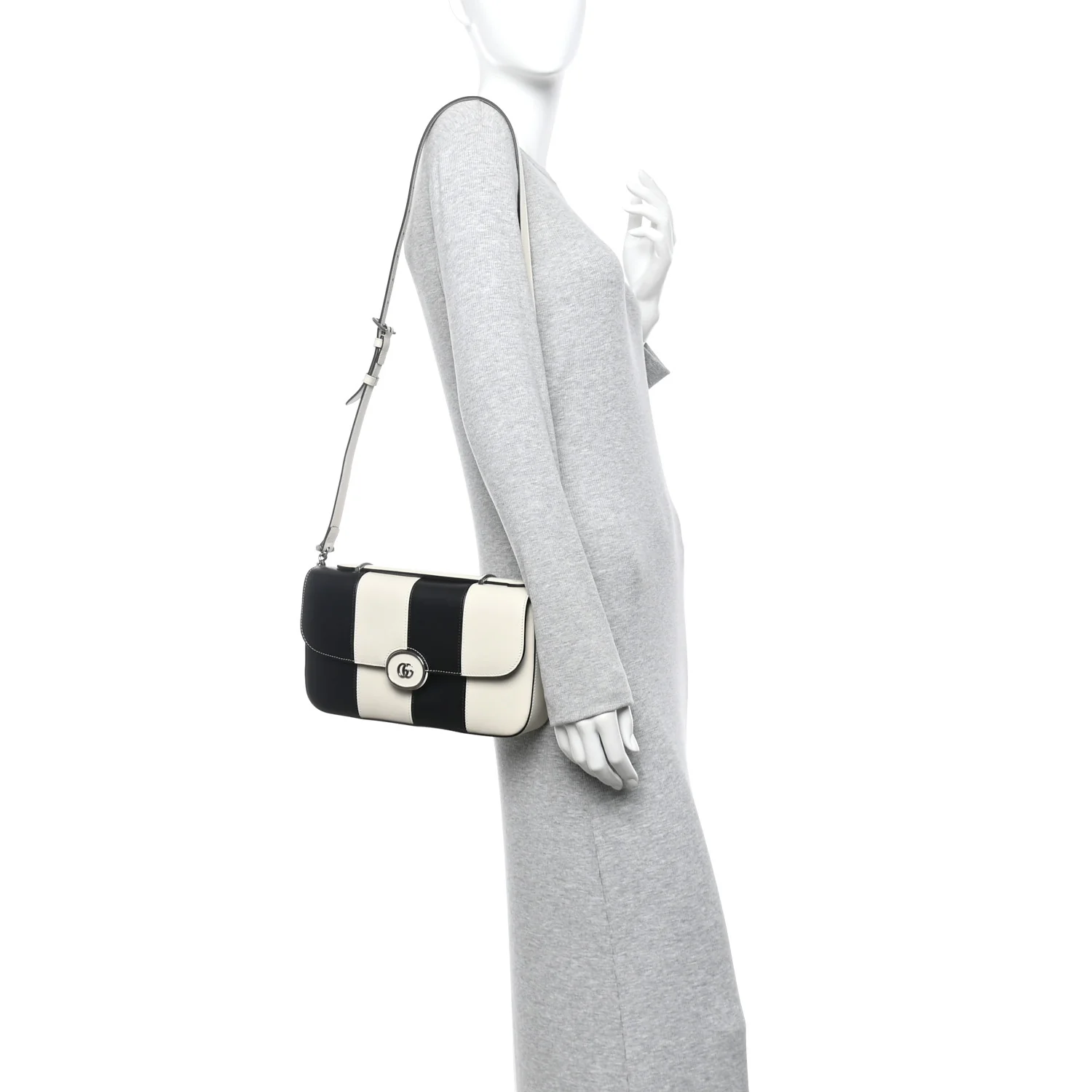 Senna Calfskin Lines Petite GG Top Handle Shoulder Bag Black Mystic White