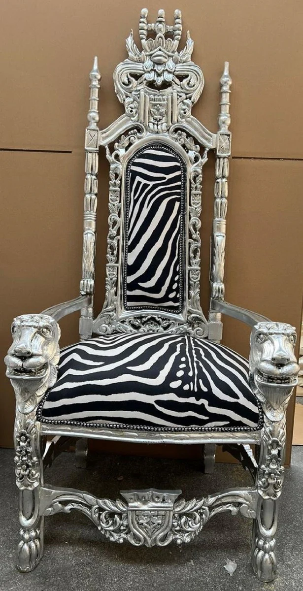 Baroque throne armchair black / white / silver - magnificent baroque style king armchair with elegant velvet fabric in zebra design - baroque style wedding armchair - baroque giant armchair - baroque furniture