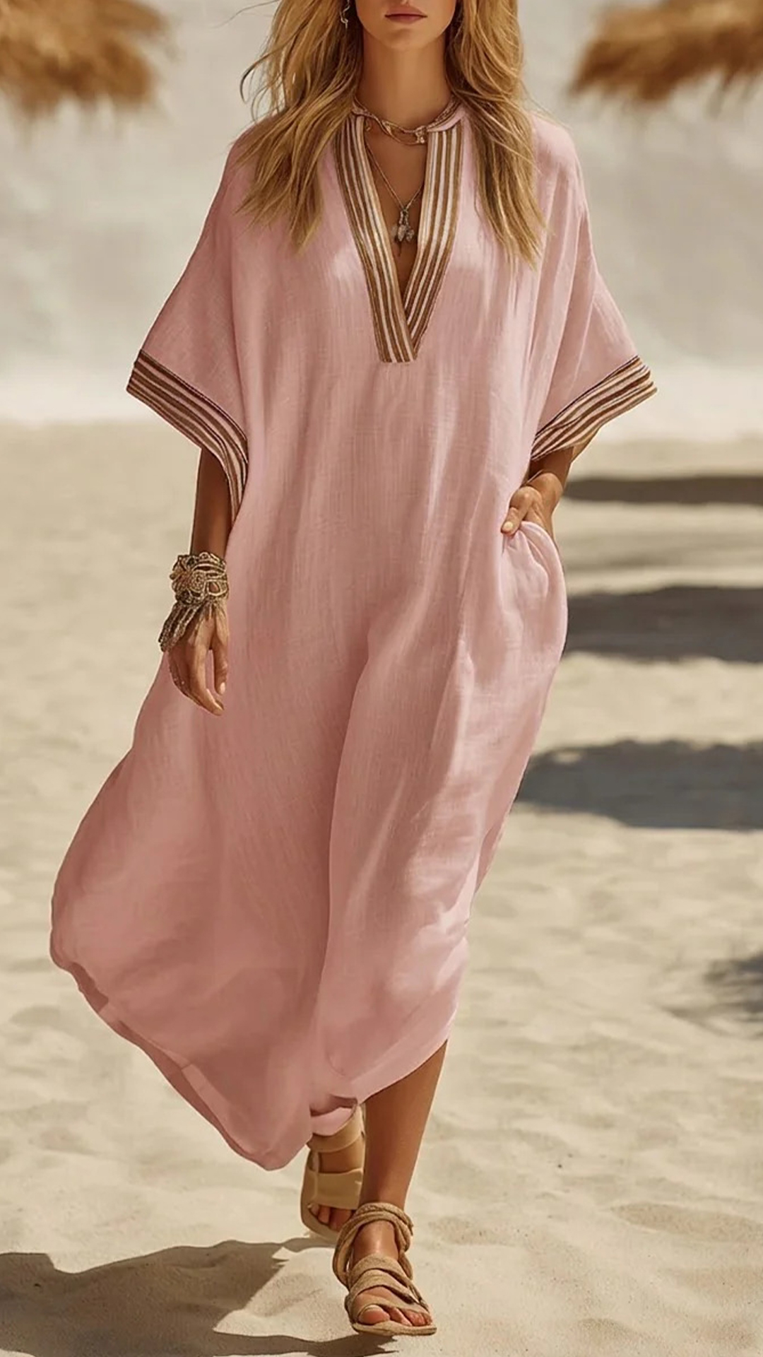 Women's Striped Trim Cotton-Blend Kaftan Dress - Nordfashionstorm - Women's Clothing, Fashion for You - Nordfashionstorm.com