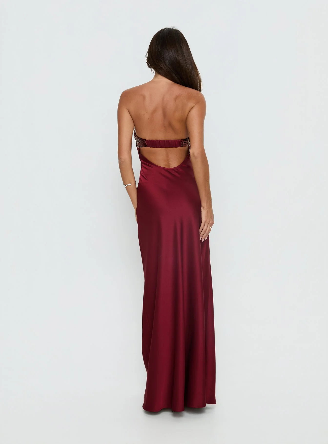See The Vision Sequin Bust Strapless Maxi Dress Burgundy