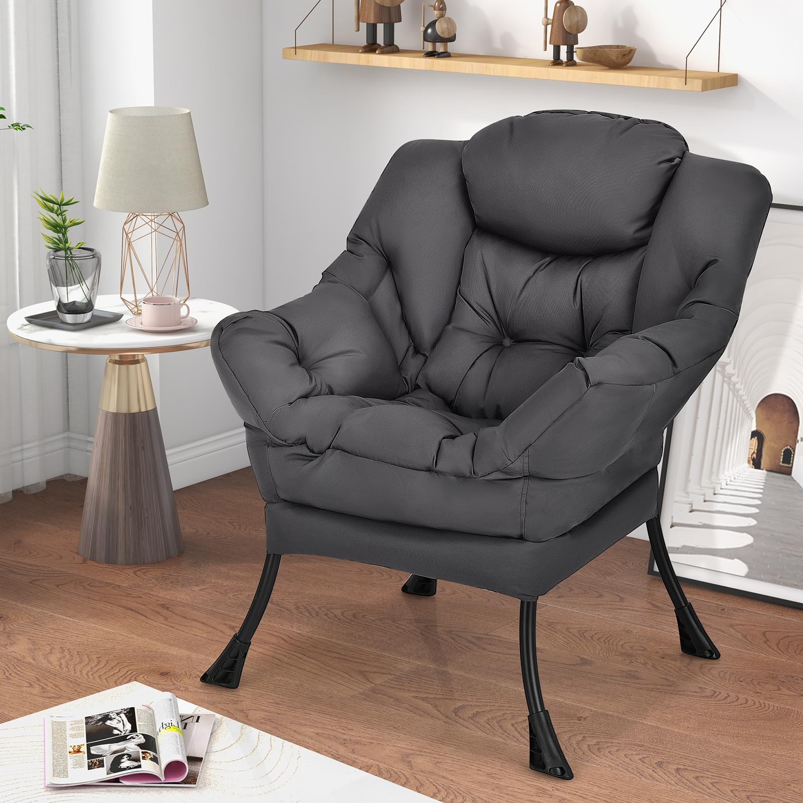 BEFOUNDLOVELY Modern Lazy Chair, Upholstered Single Sofa Chair w/Armrests & Side Pocket